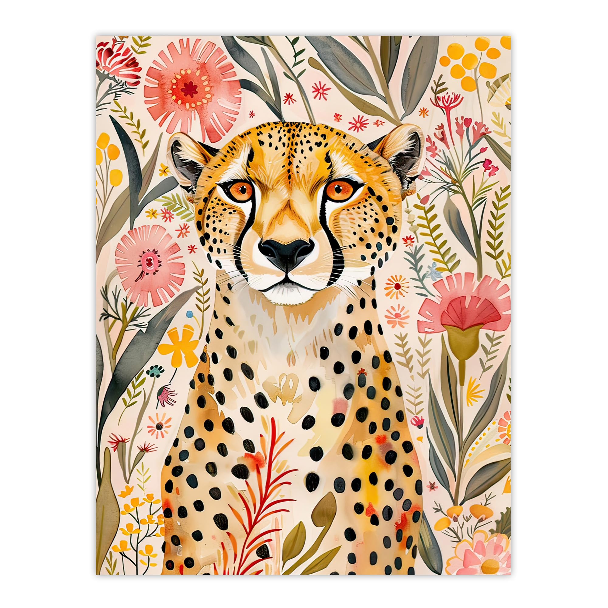 Artery8 Watercolour Wall Art Print - Cheetah in Exotic Flower Garden - W18" x H24"