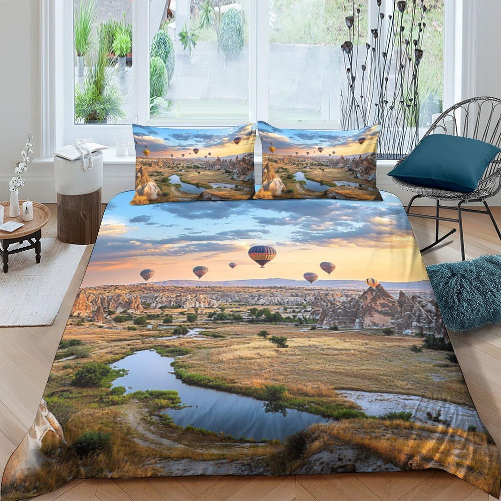 Ctjqhvkz Style-5 3D Printed Hot Air Balloon Sunset Fitted Sheet Microfiber Scenic Landscape Mattress Cover Bedroom Decor Single（135X200cm）