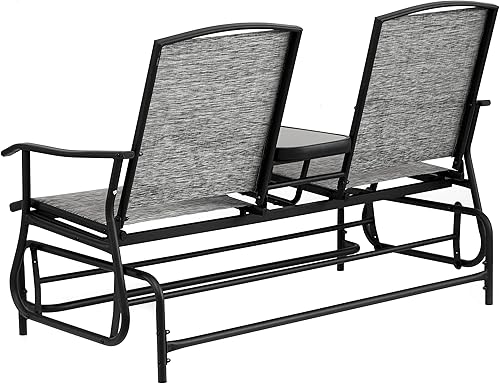 Miniatura 5 de Dos personas al aire libre doble Swing Glider conjunto con mesa central de vidrio templado, sofá biplaza césped balancín banco