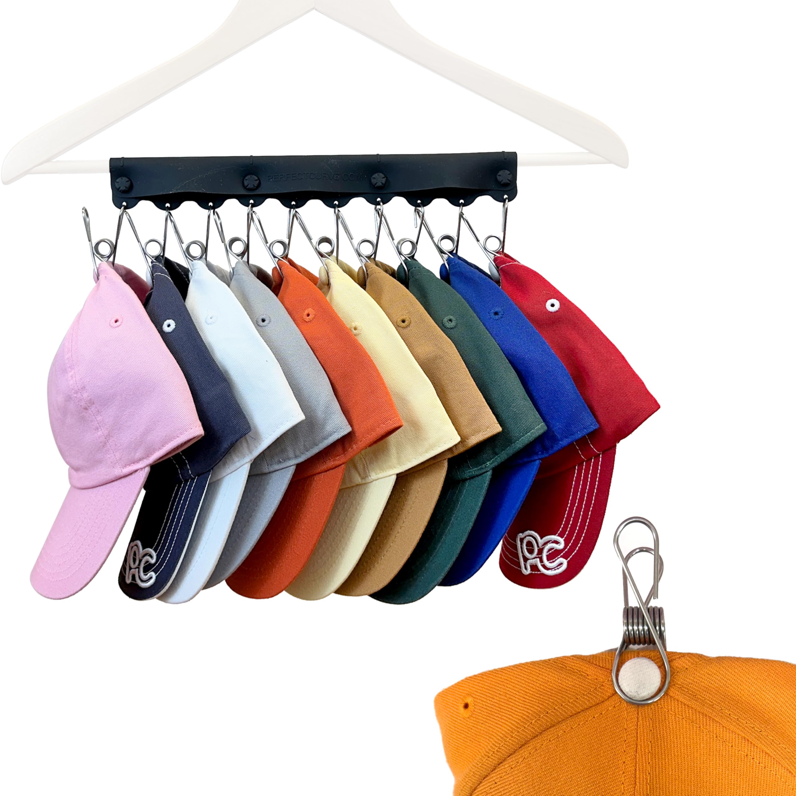 Perfect Curve Baseball Cap Hanger - Store 10 Caps with Button Clip Design, Silicone & Metal Construction, Black, 1-Pack