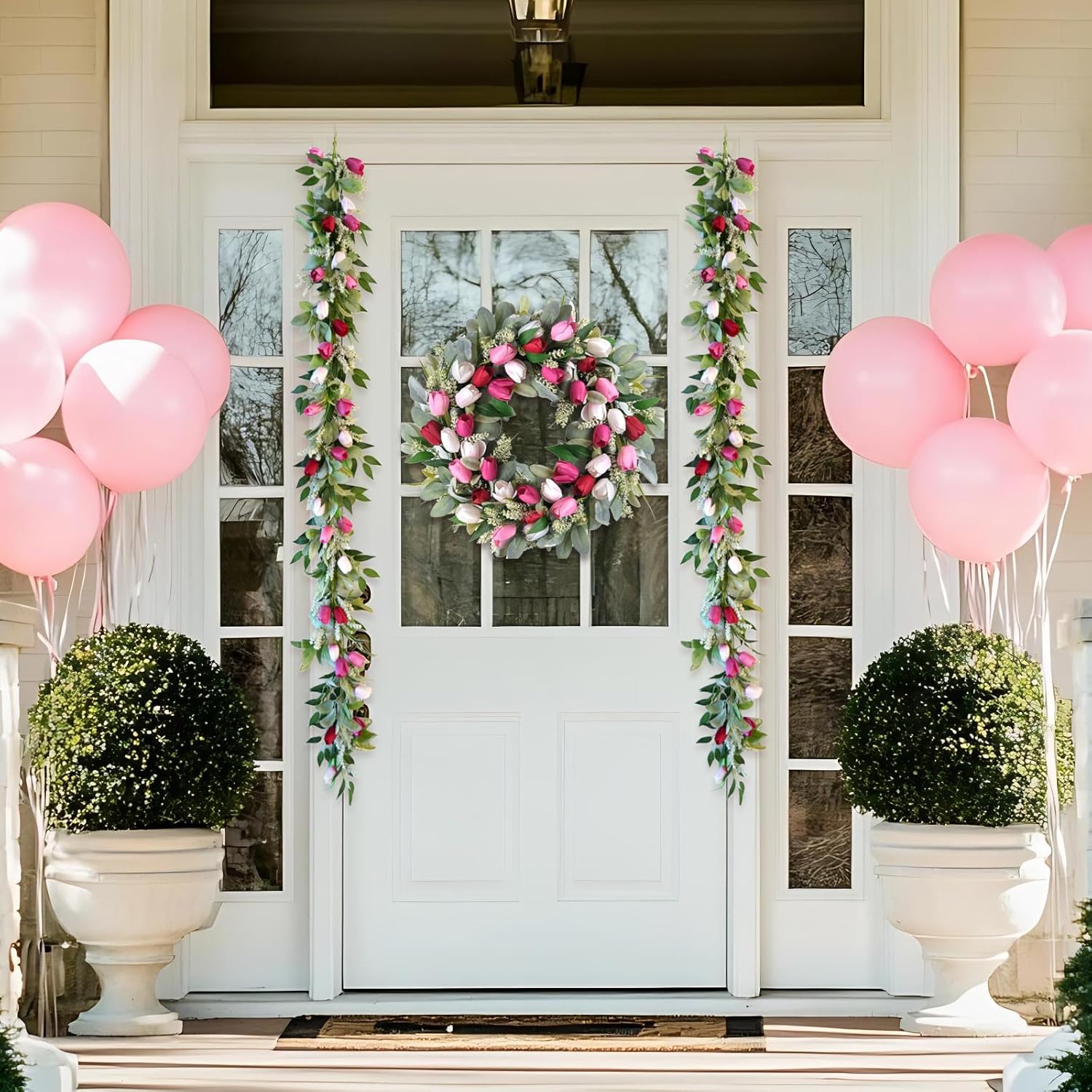 6ft Valentines Day Garlands Artificial Valentines Garland with Green Leaves & Pink Tulip, Pink Tulip Vine for Mantle Arch Stairs Railing Table Centerpiece Wedding Hanging Decorations