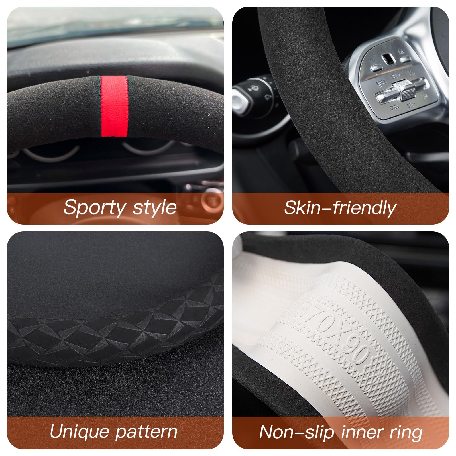 ZATOOTO Lenkradbezug Auto, Dünn Lenkradhülle mit Weichem Komfort Touch, Anti-Rutsch und Sport, 37-38cm, Schwarz