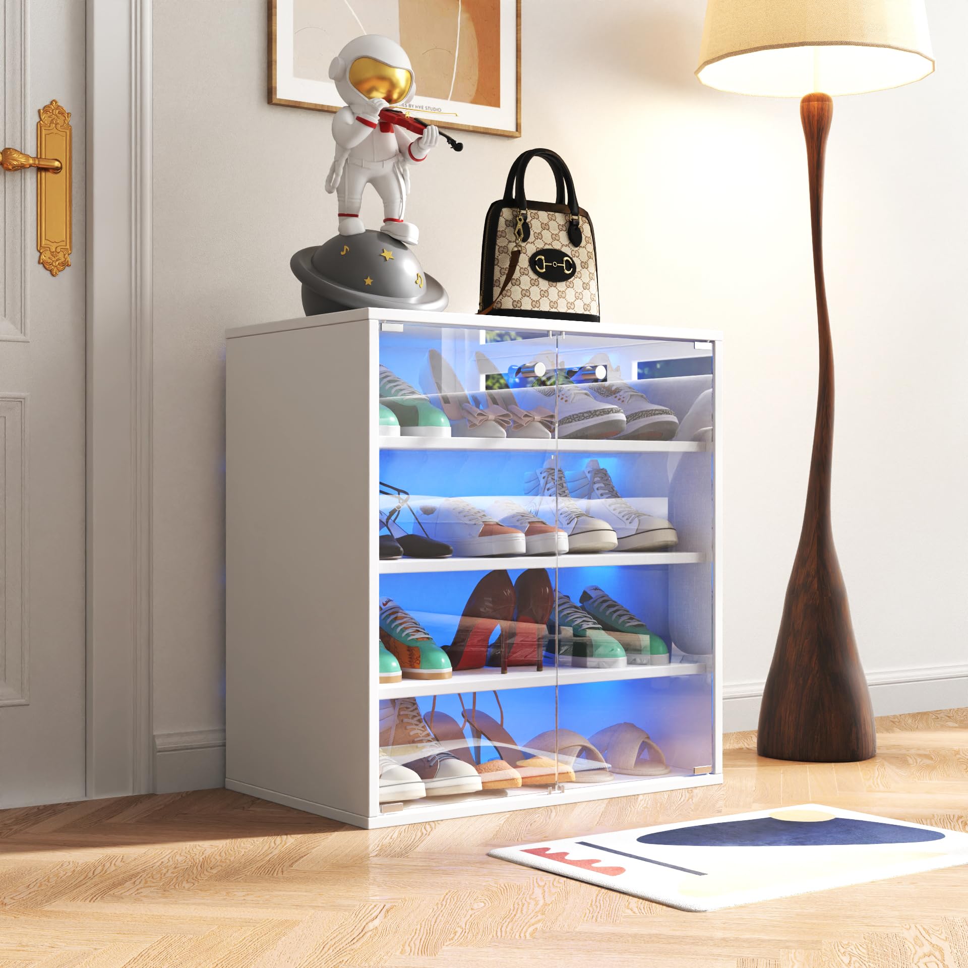 HXUHUWS Shoe Storage Box with RGB LED Light, Stackable Wooden Display Case with Glass Door for Sneakers, 4-Tier Design, White