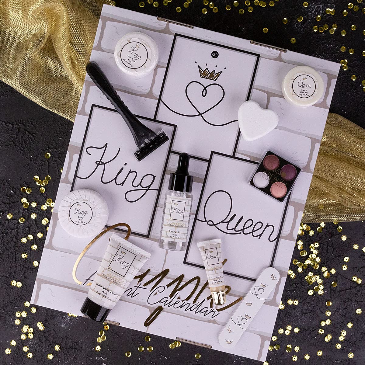 Accentra Beauty Calendrier de l'Avent King & Queen pour Couples Avec 24 Produits de Bain, de Soin du Corps & d'Accessoires Pour Une Période de l'Avent Variée et Choyante