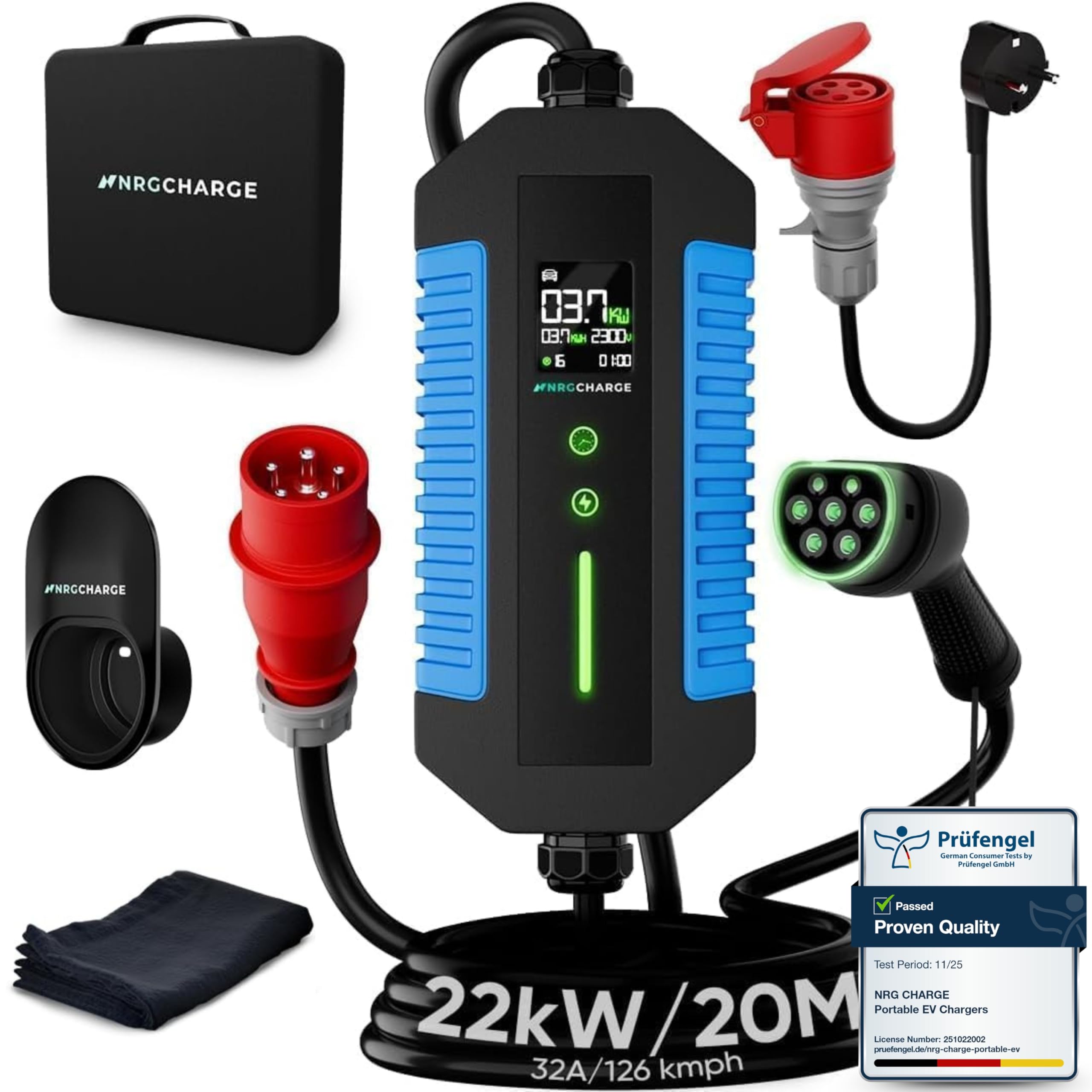 Kabel ładowania typ 2 z wtyczką CEE [3-fazowy, 7 m, 6-16 A] - mobilna stacja ładująca na ścianę i ładowarka EV - szybkie ładowanie samochodu elektrycznego - kompatybilny z VW, Tesla, BMW