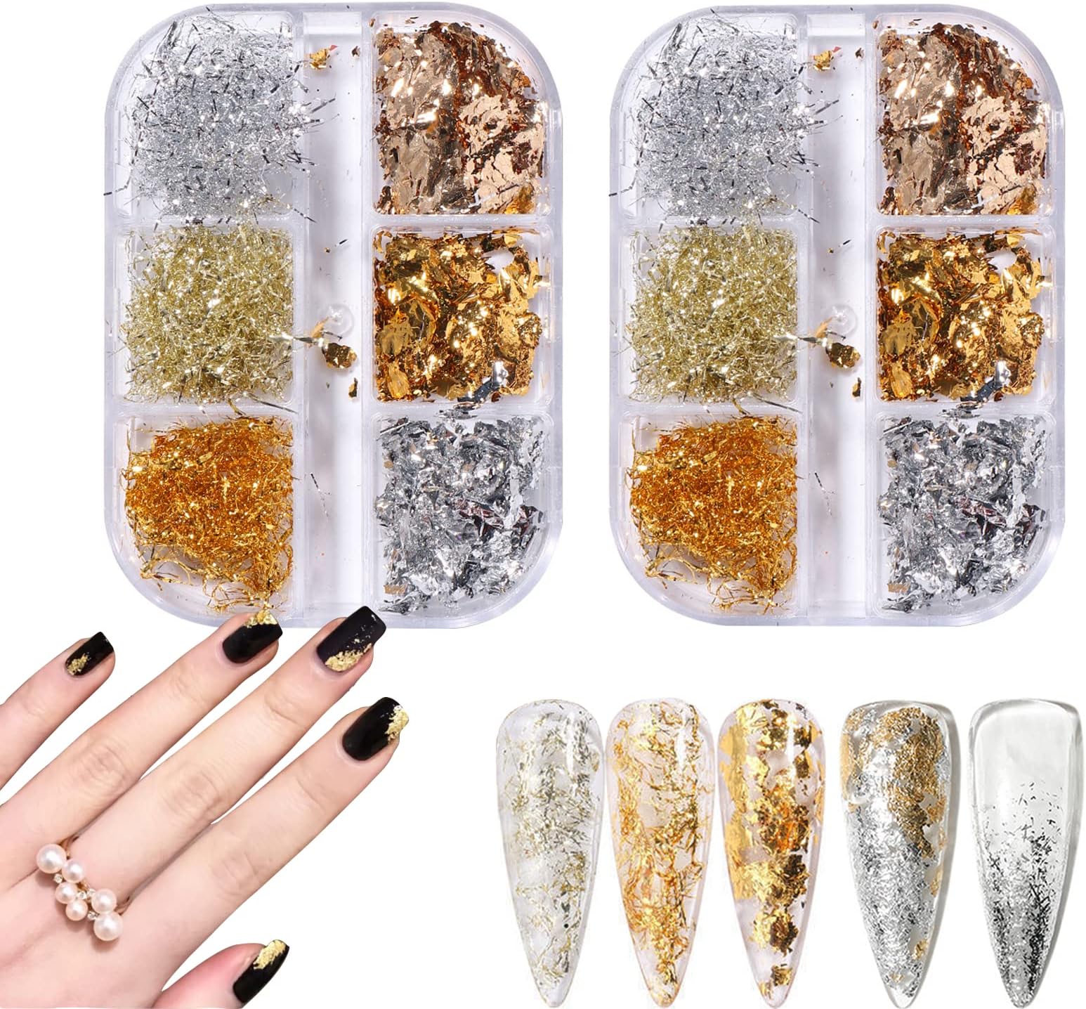 2 Boxes Nail Art Foil Flakes,HOINCO 6 Grids Nail Art Supplies Aluminum Foil Flake Metallic Gold Silver Nail Paillette Holographic Nail Foil Glitters 3D Nail Confetti for Nail Art Decorations