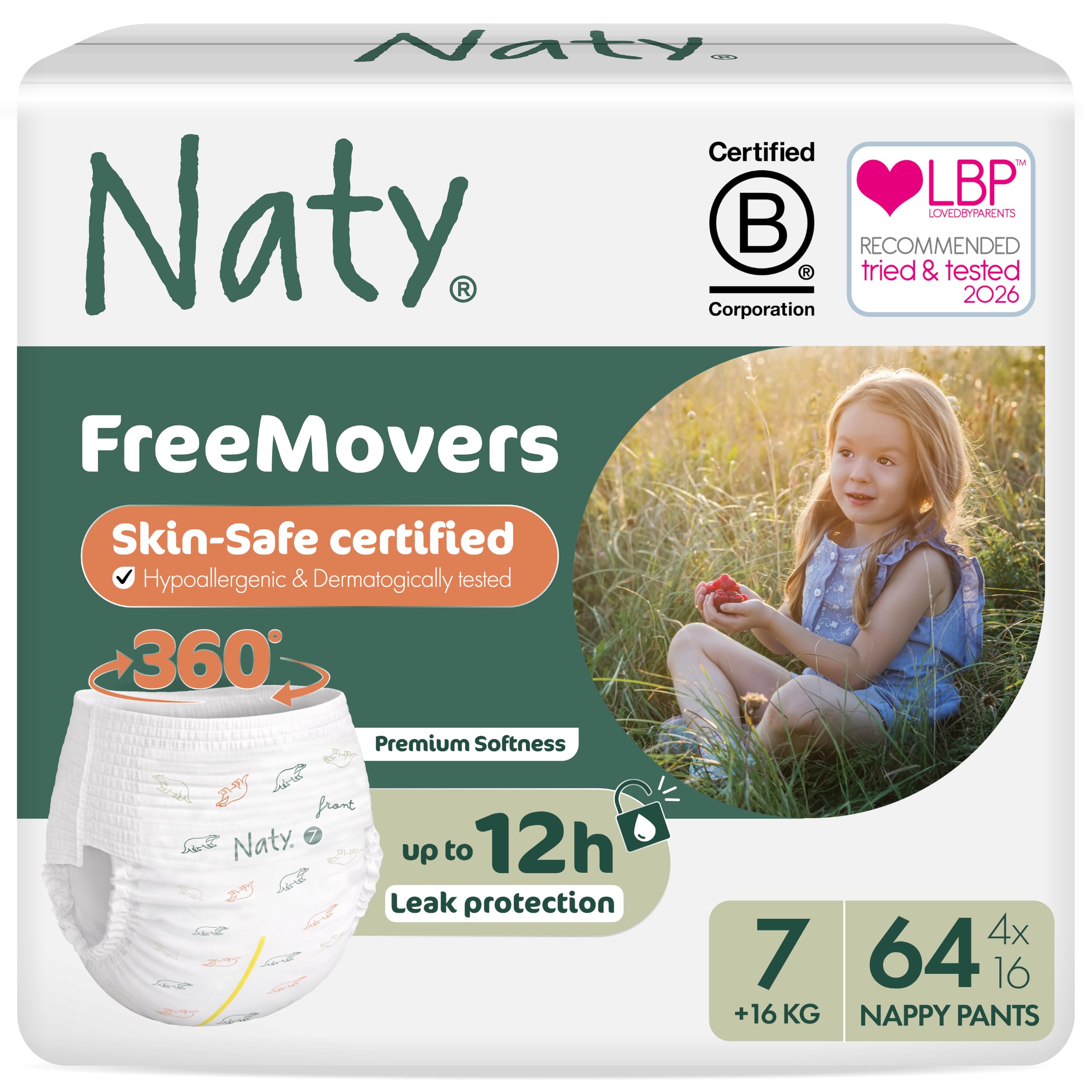 Naty FreeMovers Nappy Pants, Size 7 (16+ kg), 64 Count