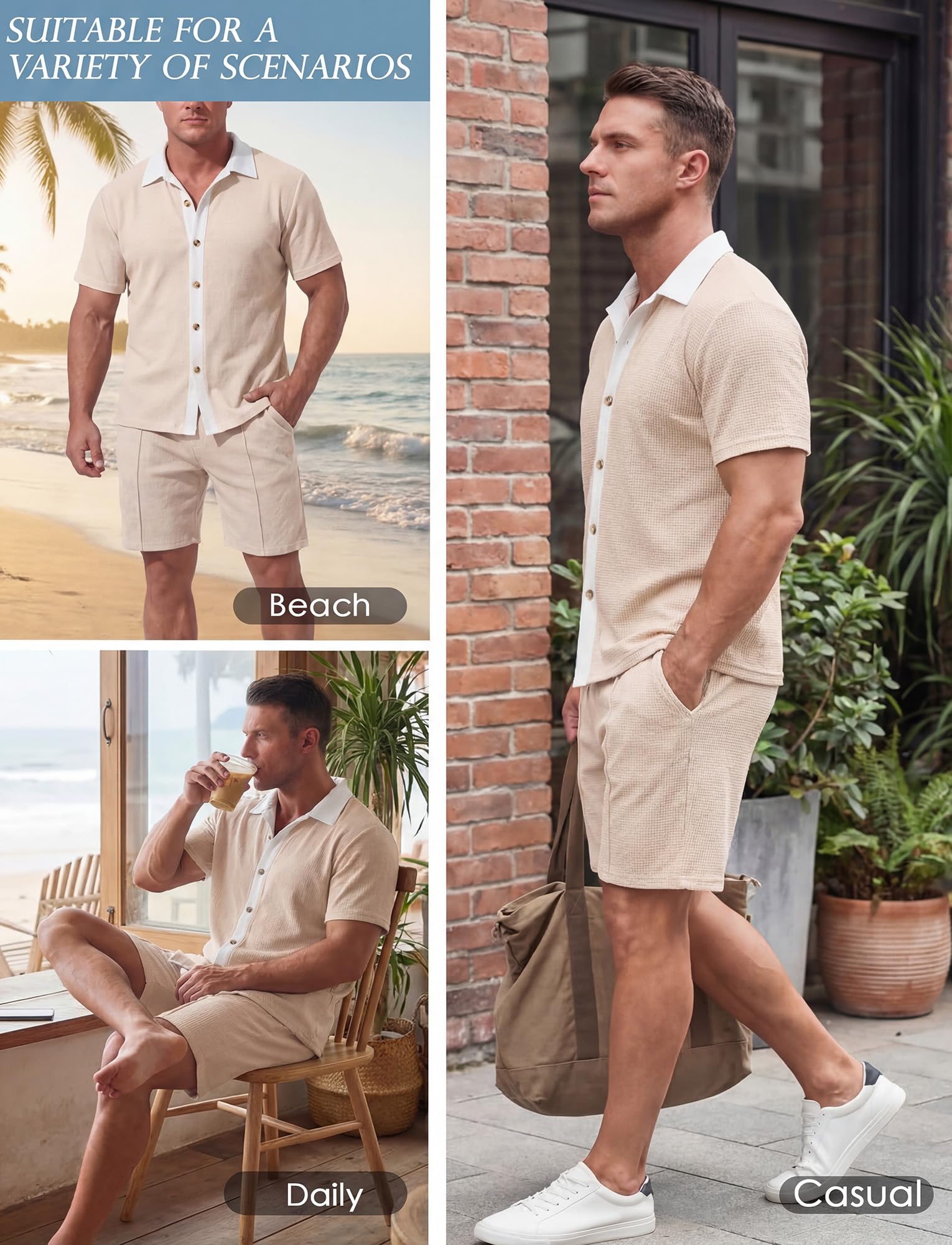 FEOYA Tuta da uomo, 2 pezzi, pantaloncini estivi e maglietta con colletto, set estivo, per il tempo libero, 2 pezzi, da uomo