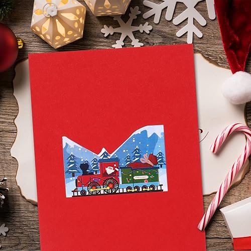 Miniatura 5 de Cumule Tarjeta desplegable de tren de Papá Noel, tarjeta de tren desplegable de Navidad con sobre, tarjeta de felicitación de Santatrain 3D, tarjeta