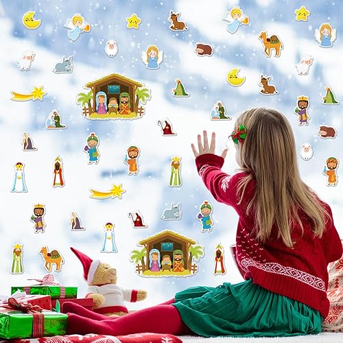 Miniatura 2 de Whaline 50 calcomanías de gel grueso de Navidad con dibujos animados para ventana de Navidad, calcomanías extraíbles para ventana de nacimiento de