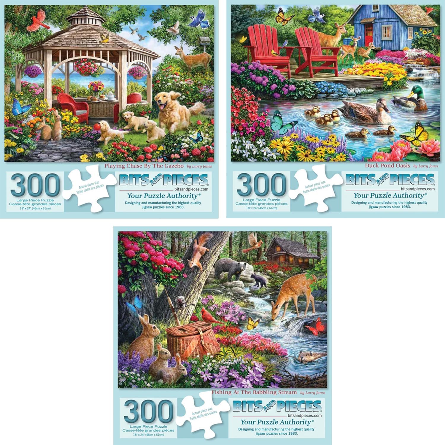 Bits and Pieces 300 Piece Puzzles for Adults Animal Puzzle 3-Pack - 300 Large Pieces 18" x 24" Jigsaw Puzzles, Larry Jones, No 2 Pieces Alike