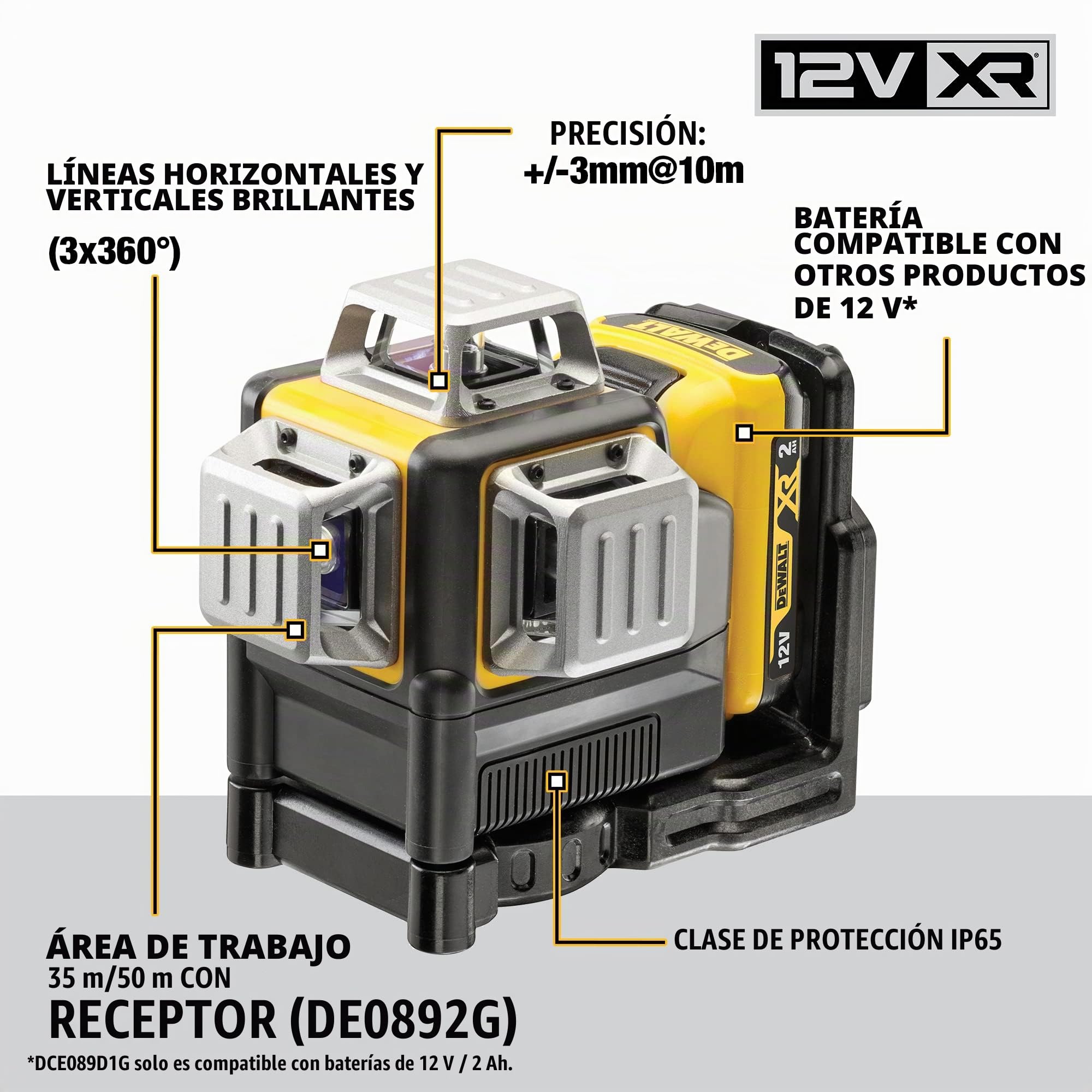 DEWALT DCE089D1G-QW - Láser autonivelante de 3 lineas de 360º-Incluye batería DW 10,8V Litio-Verde & DCF620D2-QW DCF620D2-QW-Atornillador Panel Yeso sin escobillas XR 18V con 2 baterías Li-Ion 2