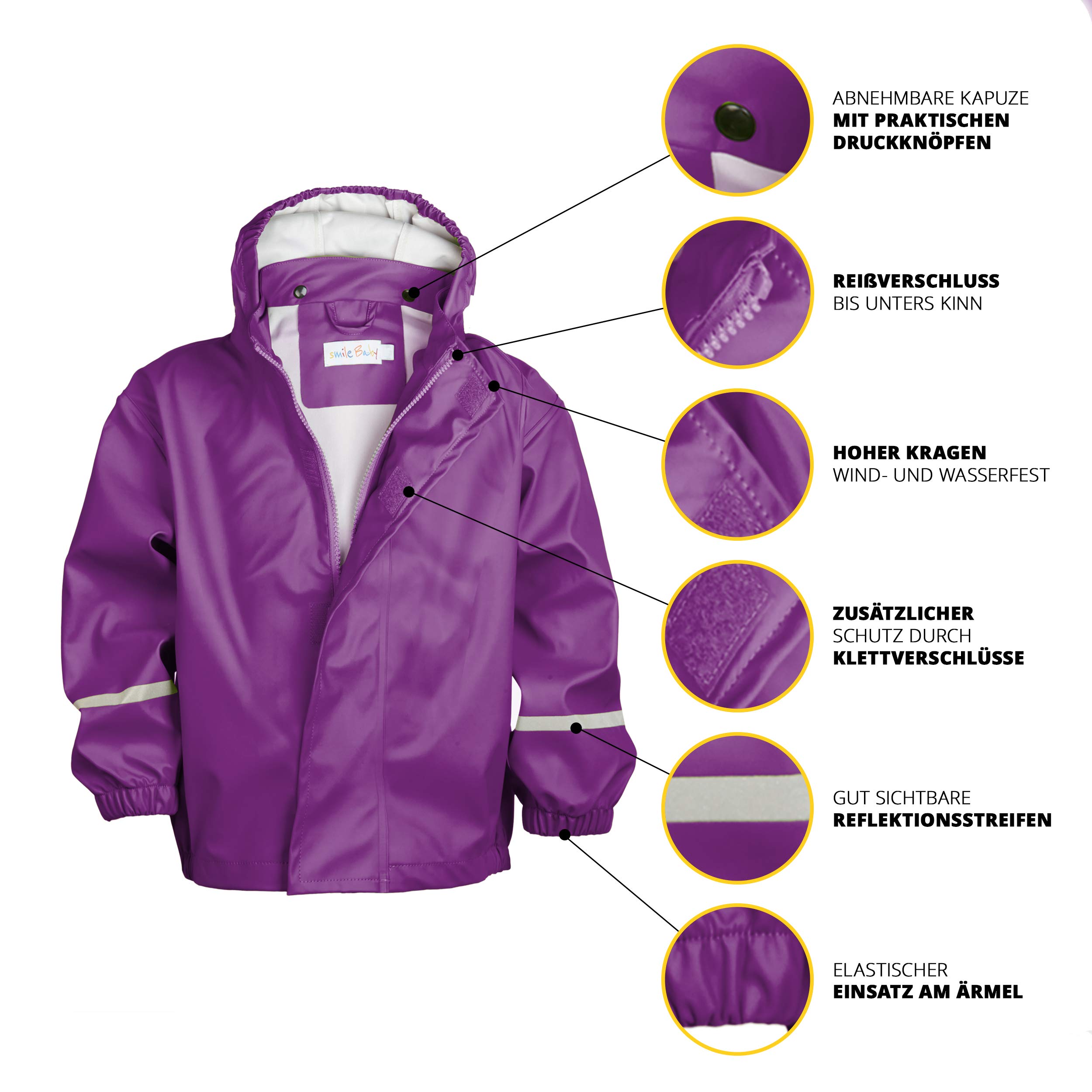 smileBaby wasserdichte Kinder Regenjacke Regenmantel mit Abnehmbarer Kapuze Unisex in Lila 80