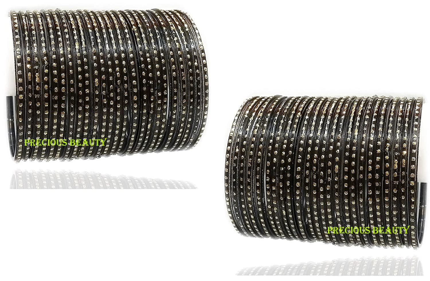 Precious BeautyGolden Traditional Zari Dot Design Beautiful Glass Bangles set for women & girls.(Pack of 48 Bangles) (Black, 2.8), 2.8, Glass, no gemstone
