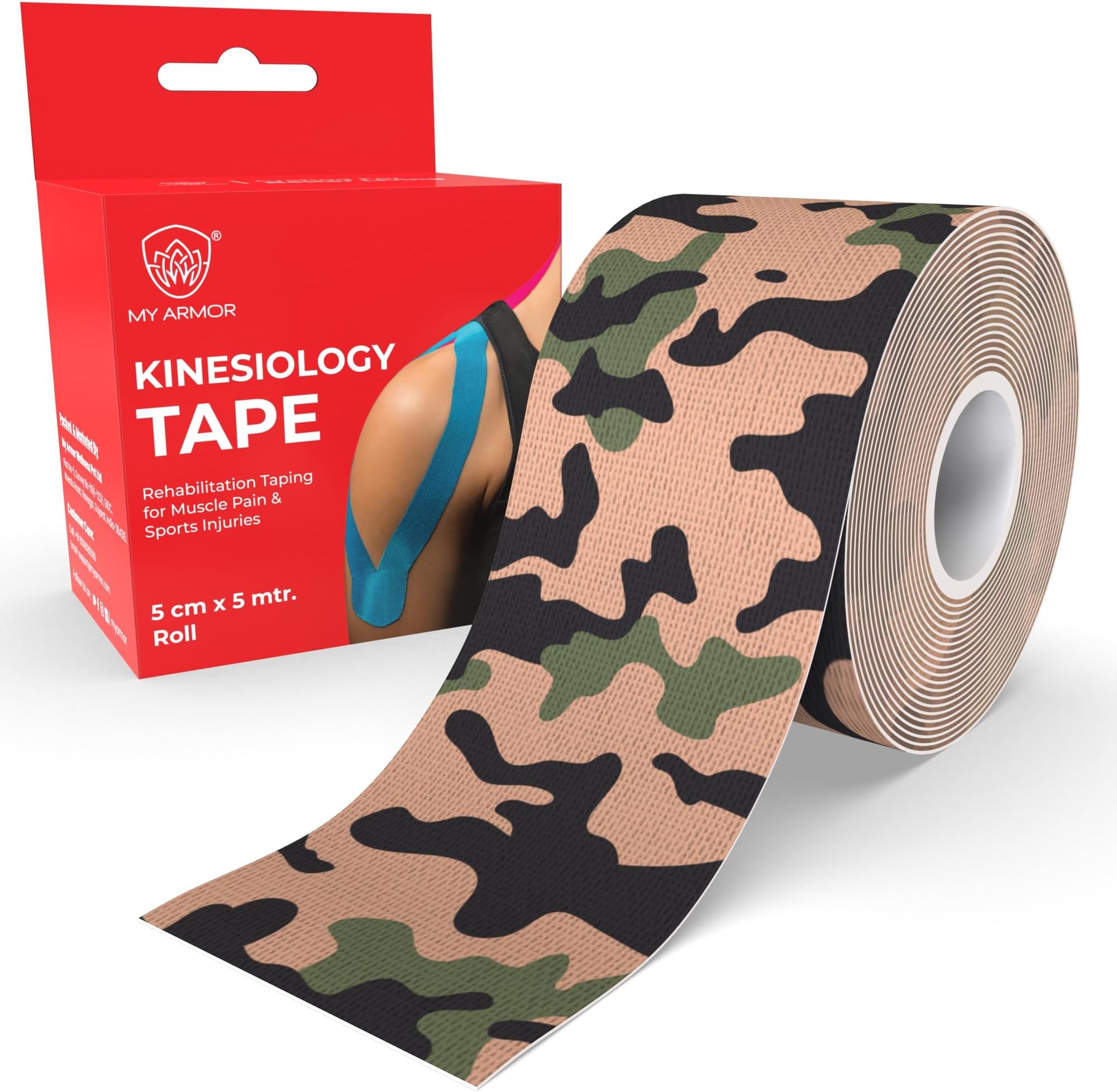 MY ARMOR Kinesiology Tape for Physiotherapy, Kinesio Tape for Sports Injury Pain Relief Muscle Tape for Shoulders, Arms, Ankles Athletic Tape for All Body Exercise Pain Support - 5Cm x 5Mt, Green Camo