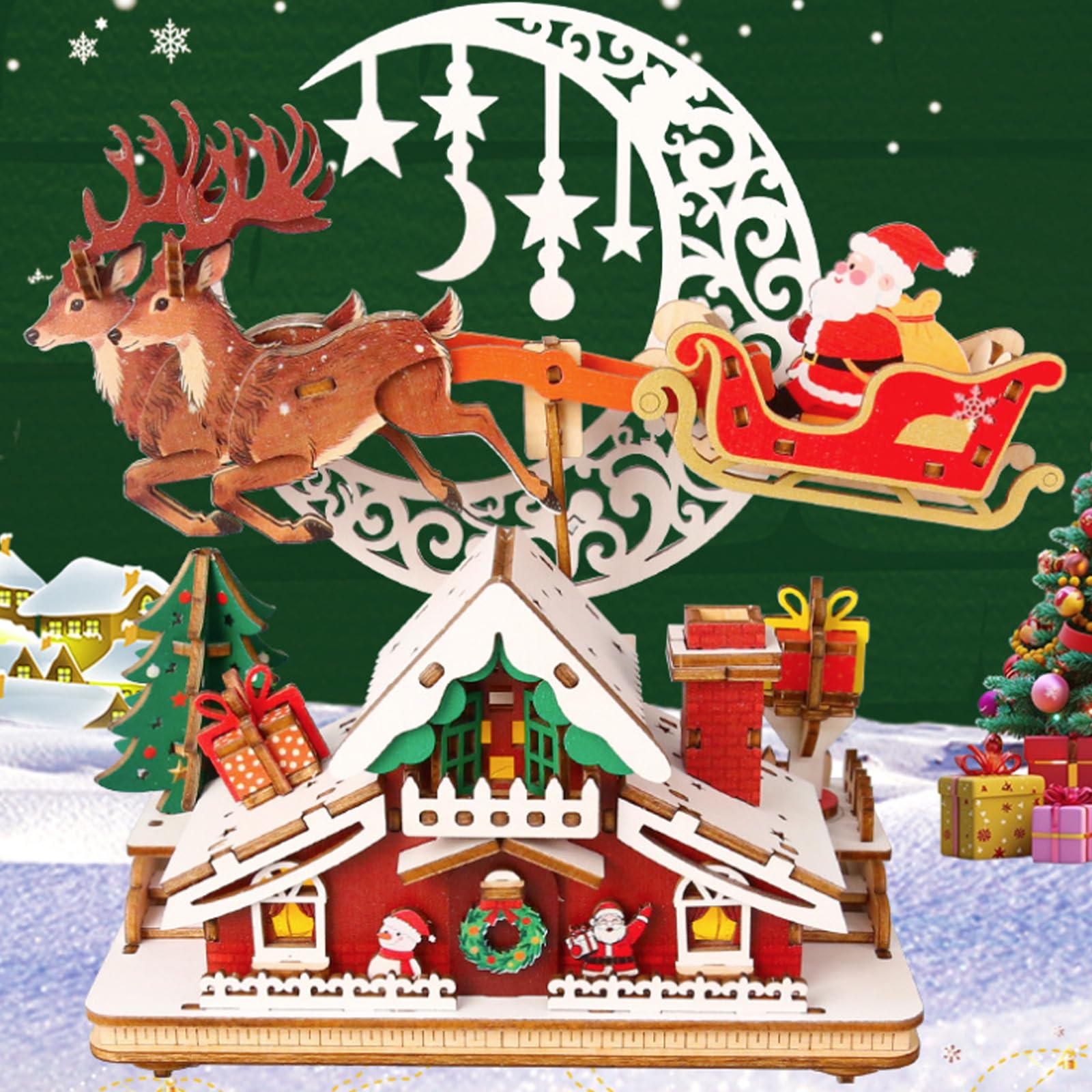 Carillon Natalizio in Legno Personalizzabile con Illuminazione a LED e Melodie Puzzle da Costruzione Ornamento Meccanico Regalo per Feste Carillon Natalizio in Legno Puzzle