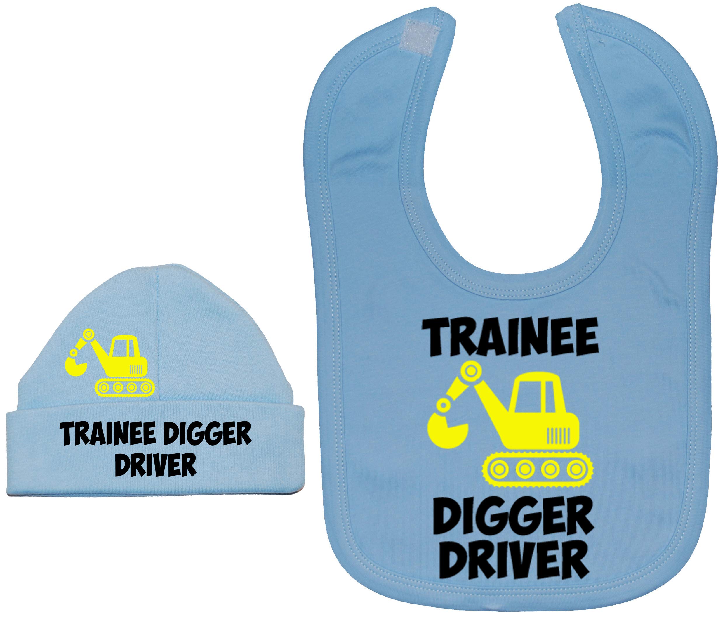 Acce Products Blue Trainee Digger Driver Baby Feeding Bib & Beanie Hat - 6-12 Months