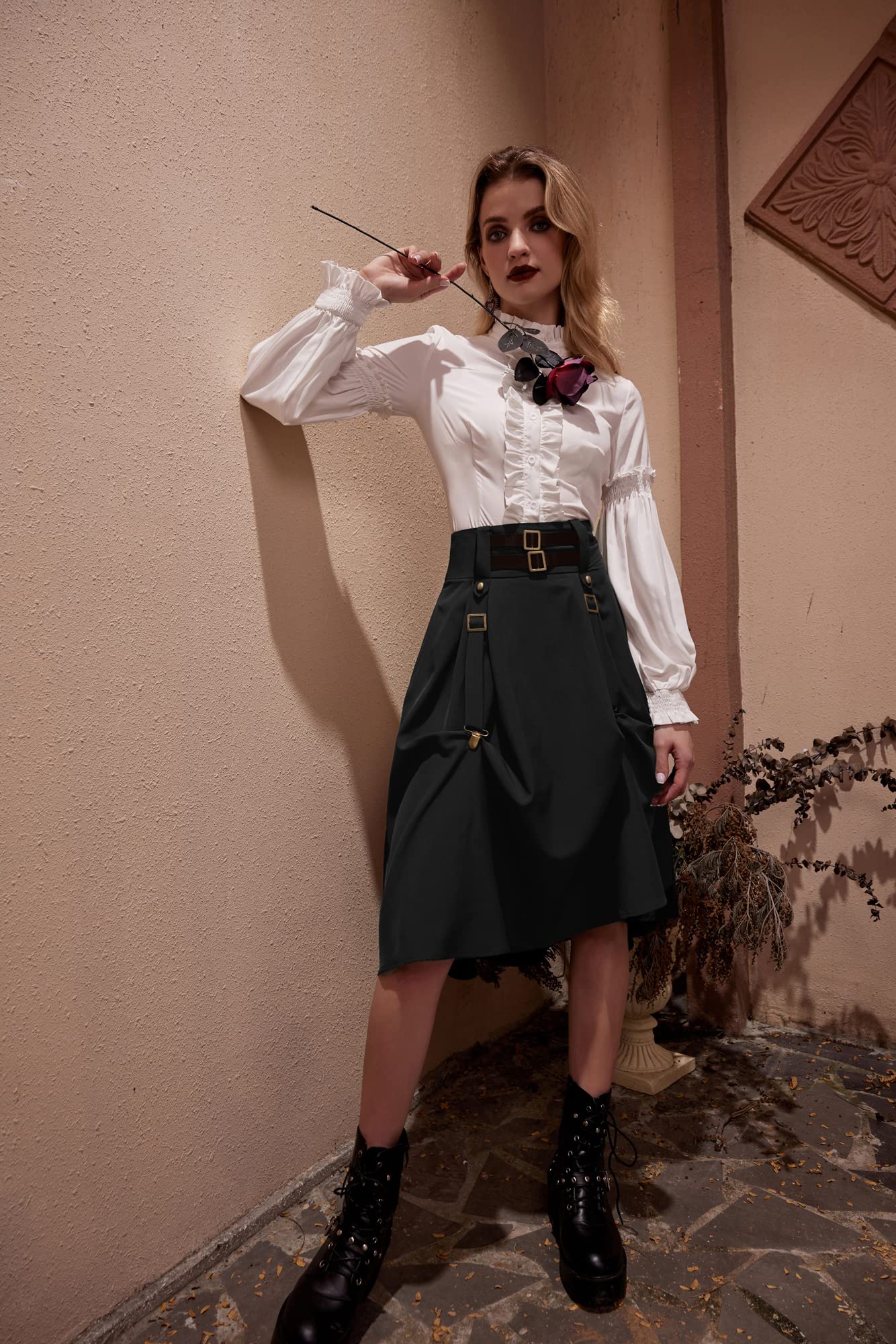 Scarlet Darkness Falda Renaissance para Mujer, hasta la Rodilla, con Hebilla y Correa, Falda gótica