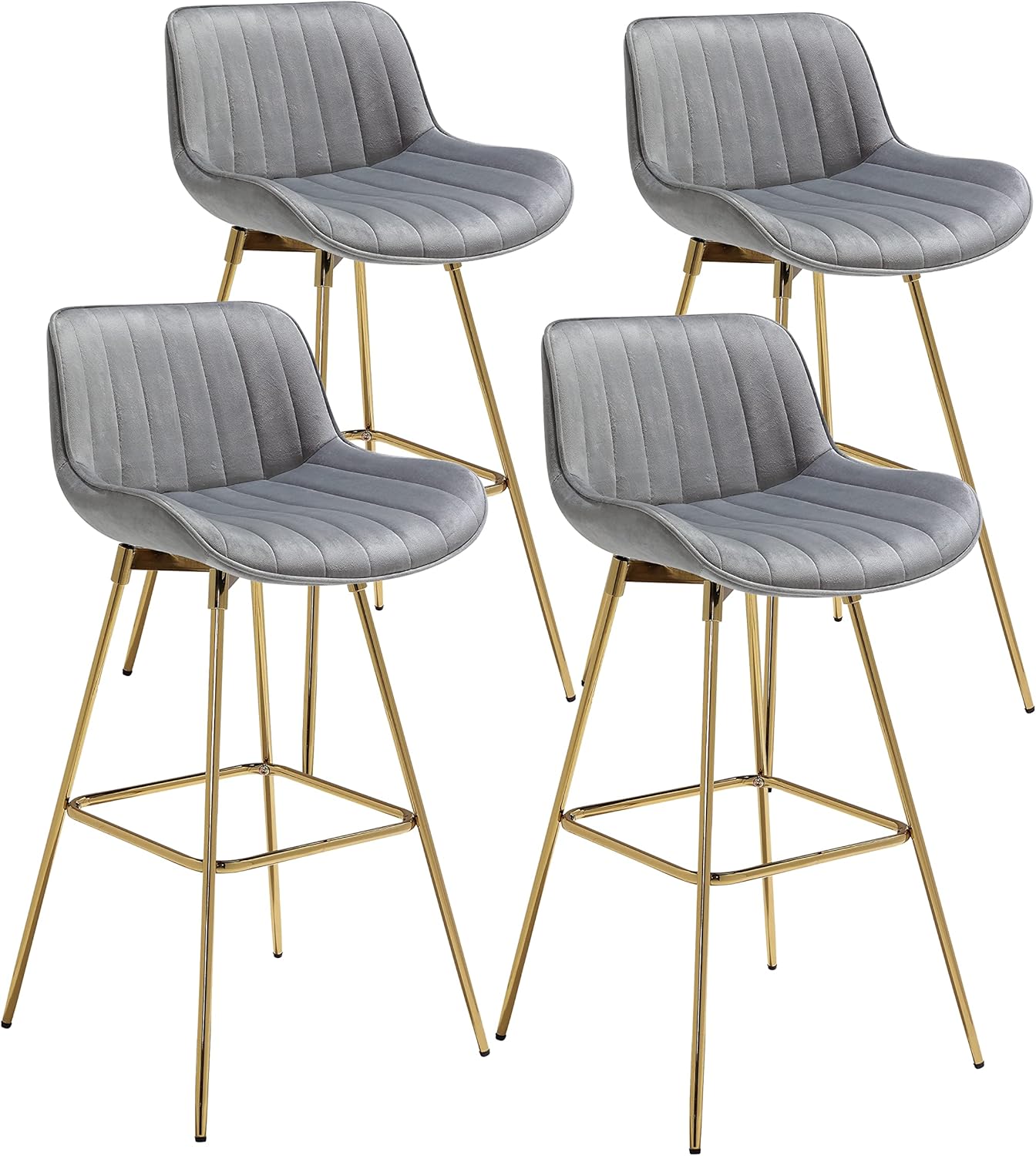 Art Leon 29” Counter Stool, Set of 4, Swivel Bar Stools with Back, Velvet Upholstered Bar Stools with Gold Legs for Kitchen Counter, Gray