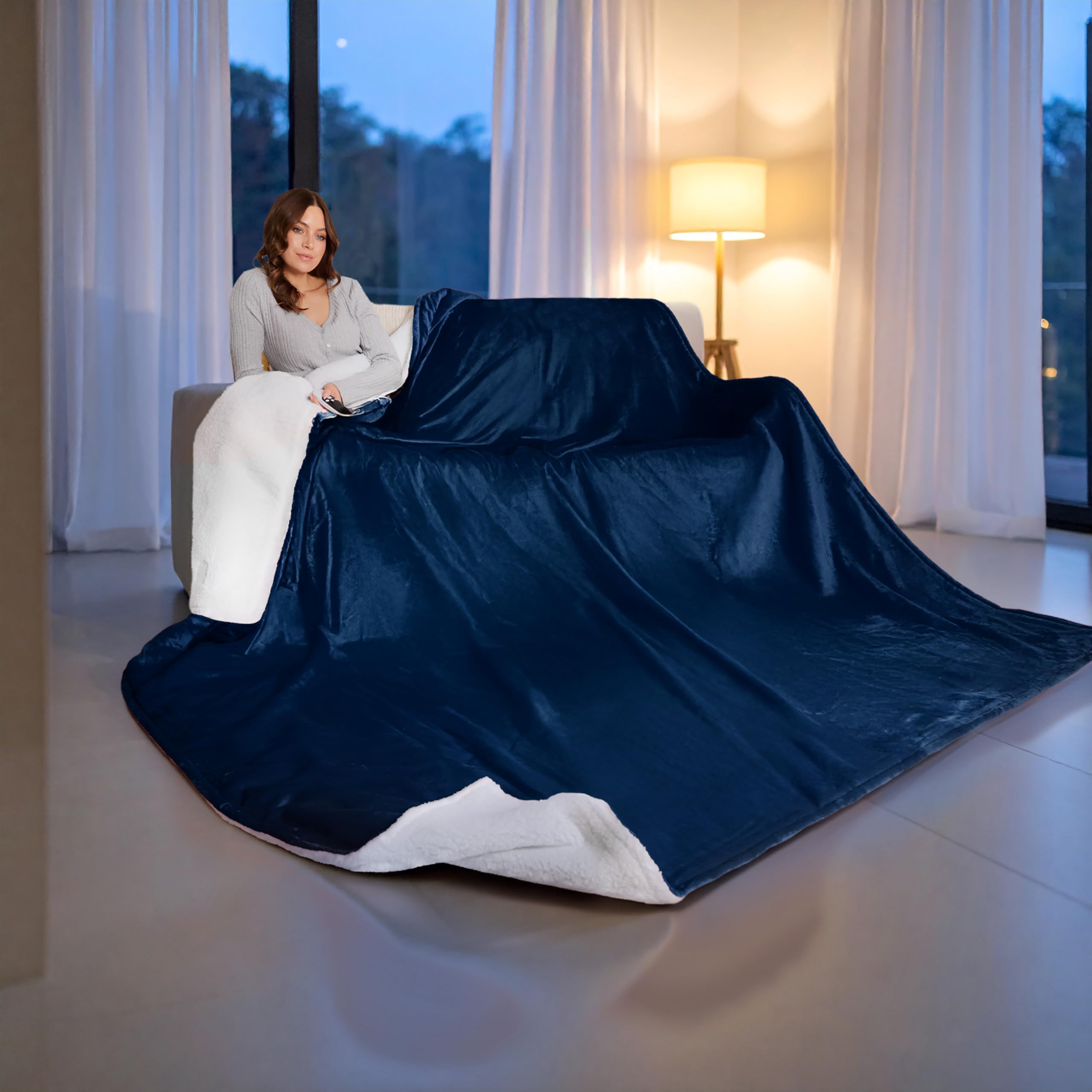 Get Trend Coperta Riscaldante Elettrica King 230x265 cm, Plaid in Pile Sherpa, 9 Livelli, Timer 12 Ore, Riscaldamento Elettrico Rapido, Idea Regalo Cosy (Blu Navy, King EU)