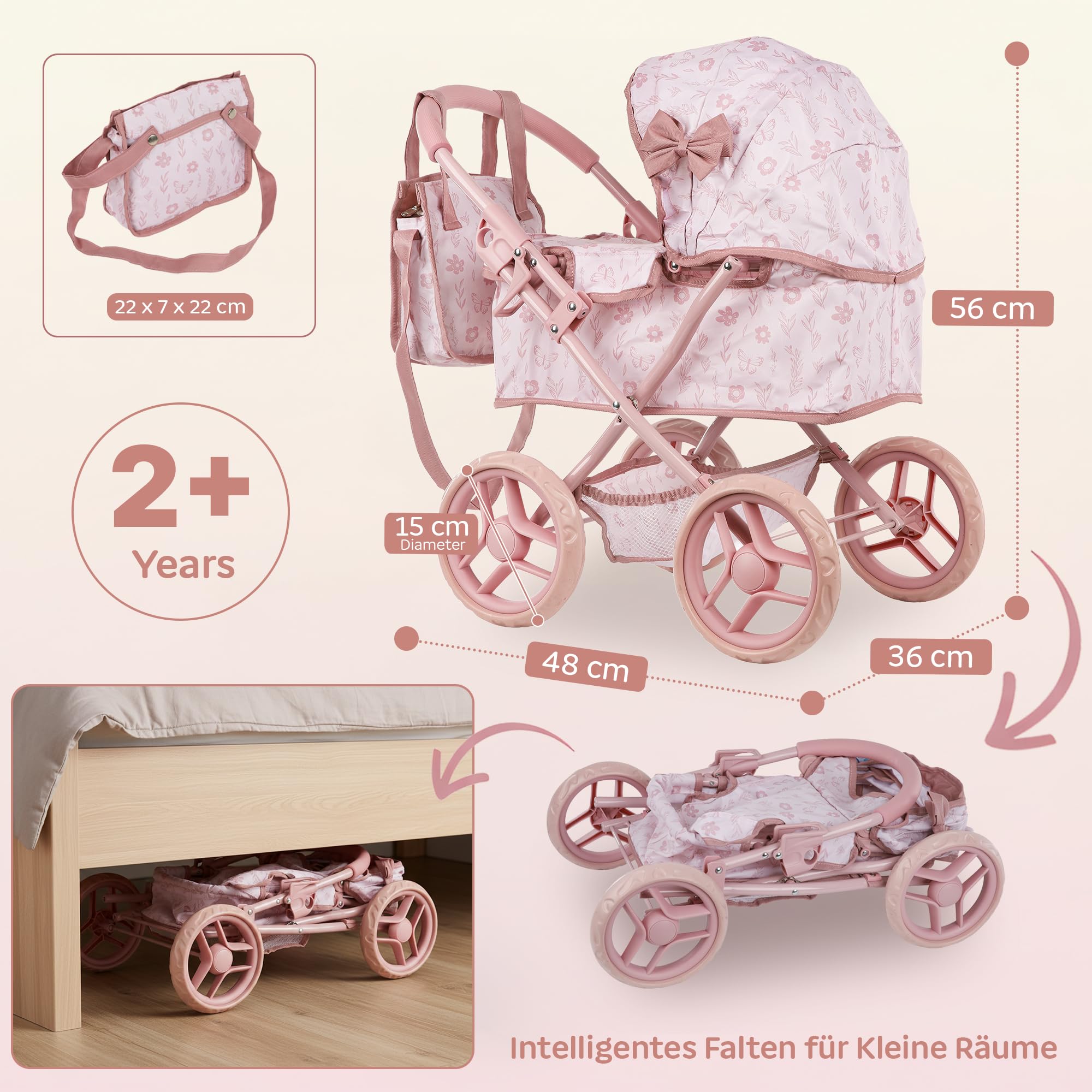 Kinderplay wózek dla lalek od 3 lat – Głęboka gondola z torbą i koszem – Lekka konstrukcja z cichymi piankowymi kołami – Wózek-zabawka dla lalek do 30 cm
