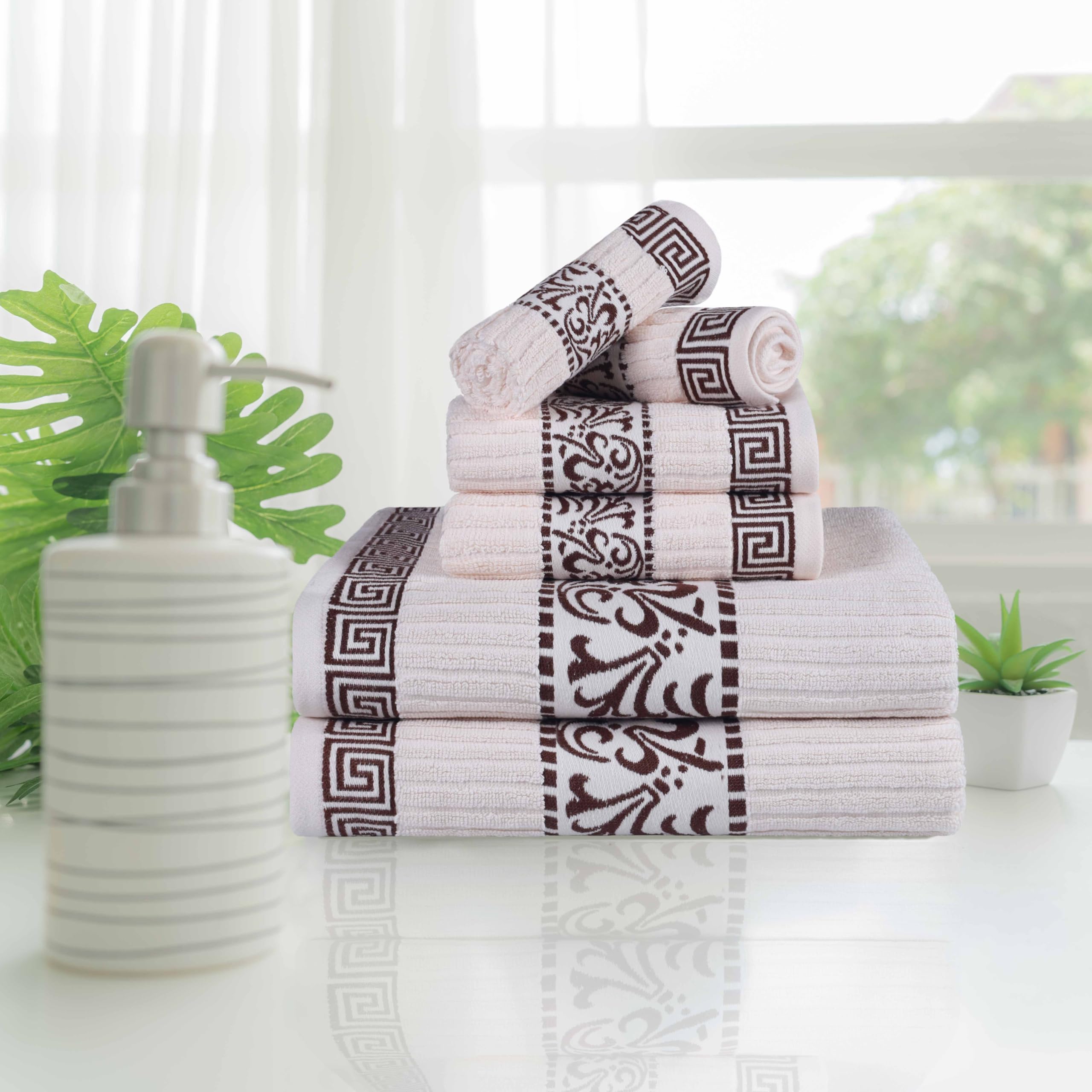 Superior Juego de Toallas Decorativas de 6 Piezas con patrón Griego, algodón Absorbente, decoración para baño, SPA, Incluye 2 Toallas de Mano, 2 Toallas de Cara y 2 de baño, Esenciales