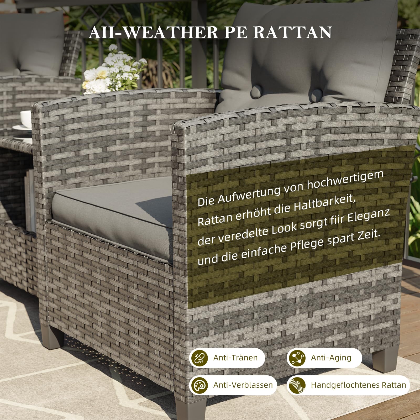 UDPATIO 3-Teiliges Rattan Gartenmöbel Set für 2 Personen, Balkonmöbel Set mit 2 Sesseln & Kaffeetisch, Outdoor Lounge Gartenmöbel Set für Garten, Poolbereich,Balkon & Terrasse (Grau-meliert)