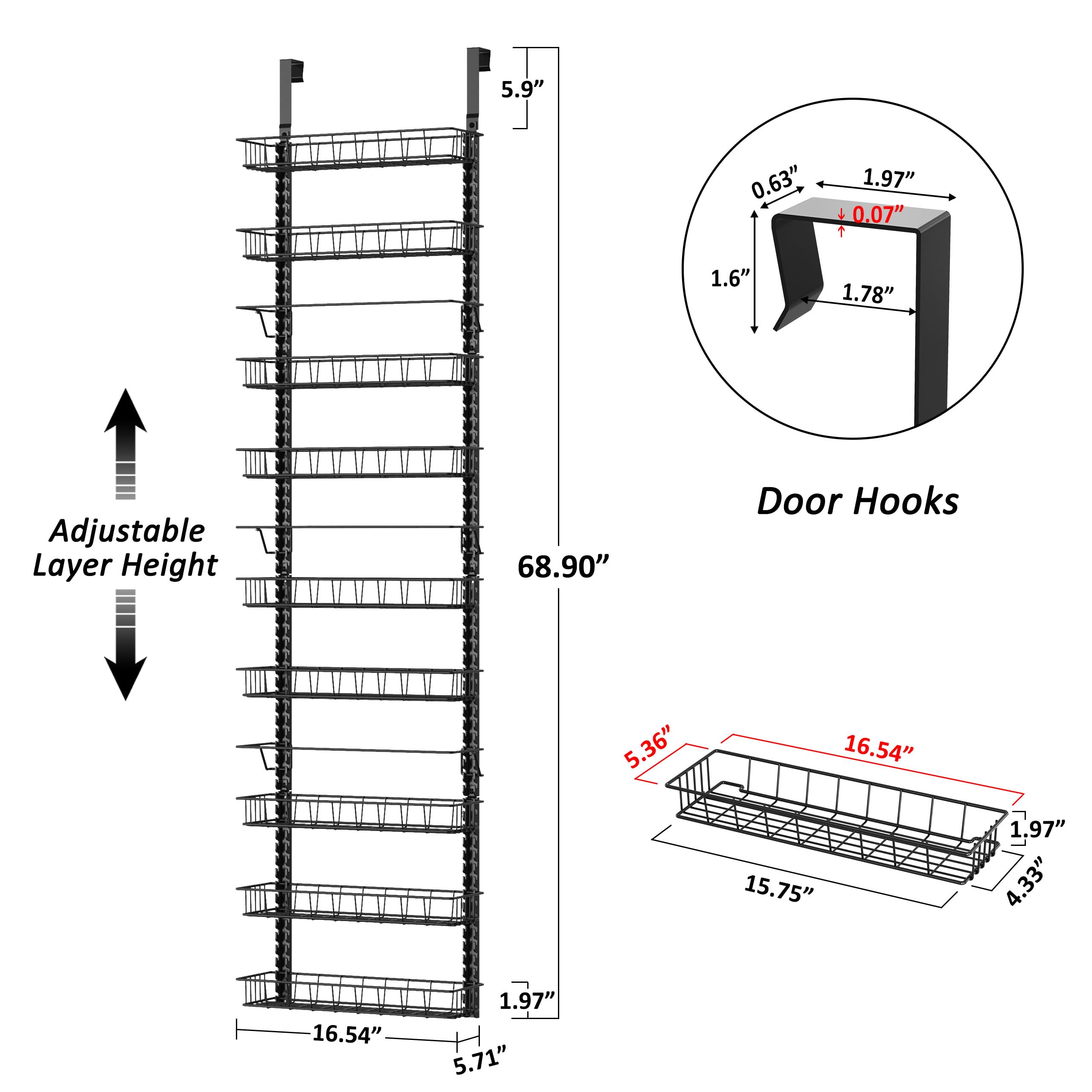 Churboro Organizador de despensa sobre la puerta con 9 cestas ajustables, 9 niveles de doble uso para colgar o montar en la pared, color negro