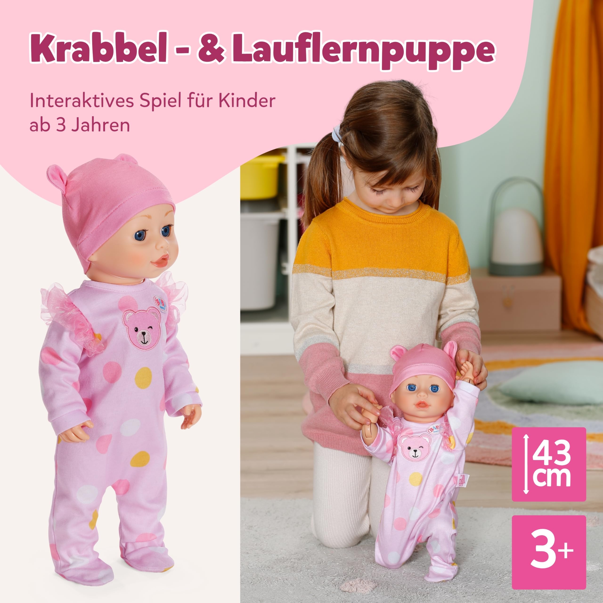 BABY Born Emily Lauf mit Mir - 43 cm Puppe mit elektronischen Funktionen - Krabbel- & Lauflernpuppe mit Soundfunktion - Inkl. rosa Strampler & Mütze - Geeignet für Kinder ab 3 Jahren