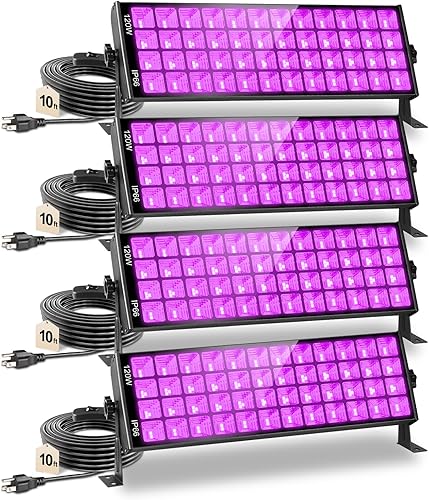 Luces LED negras impermeables de 120 W, paquete de 4 barras de luz negra de cable de 10 pies con enchufe e interruptor, luz negra IP66 para