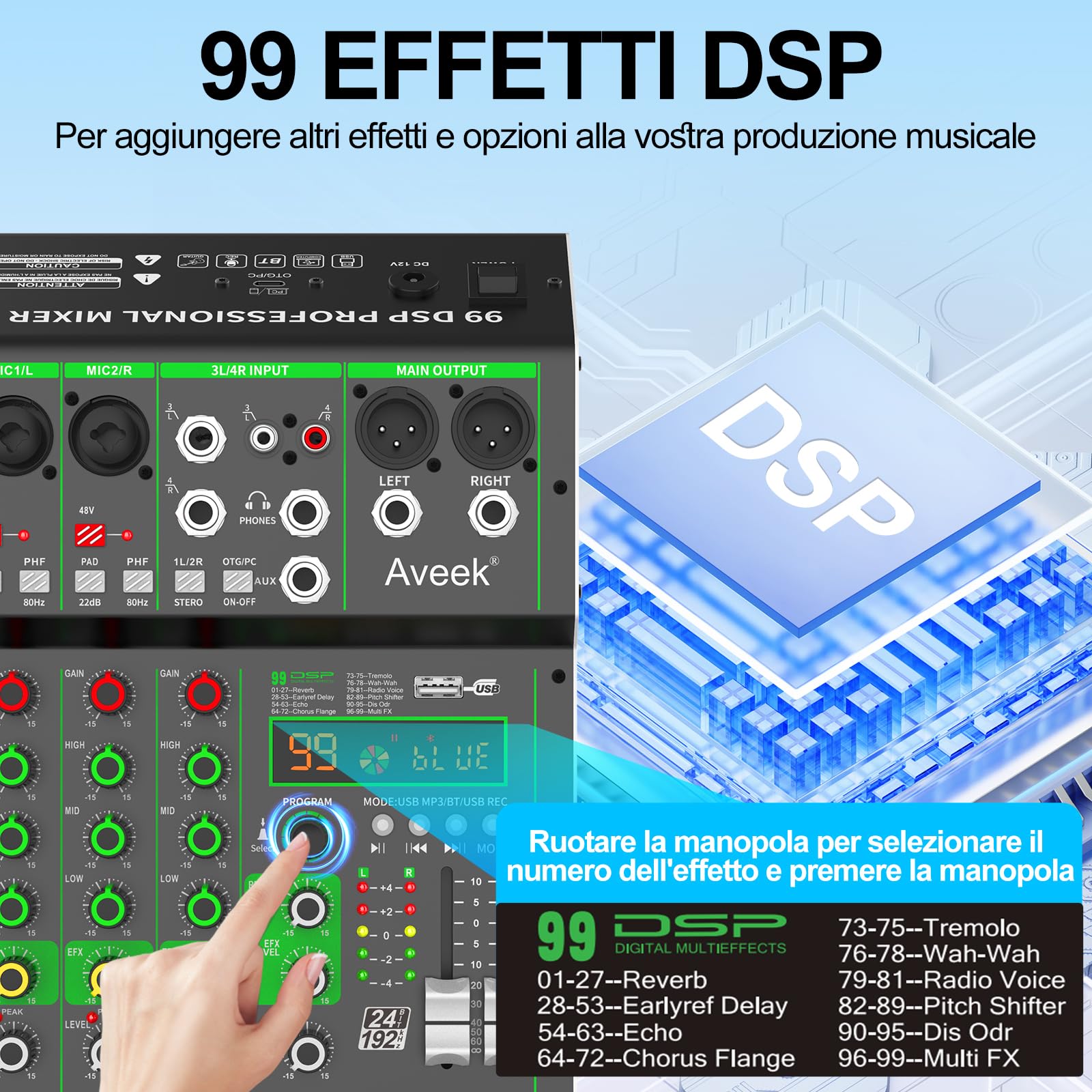 Aveek Mixer Audio, Console di Mixaggio Professionale con Ingresso USB/Bluetooth/Computer/4 Canali Stereo DJ Mixer, 48V Phantom Digital 99 DSP Effect per PC Registrazione Karaoke Studio Streaming