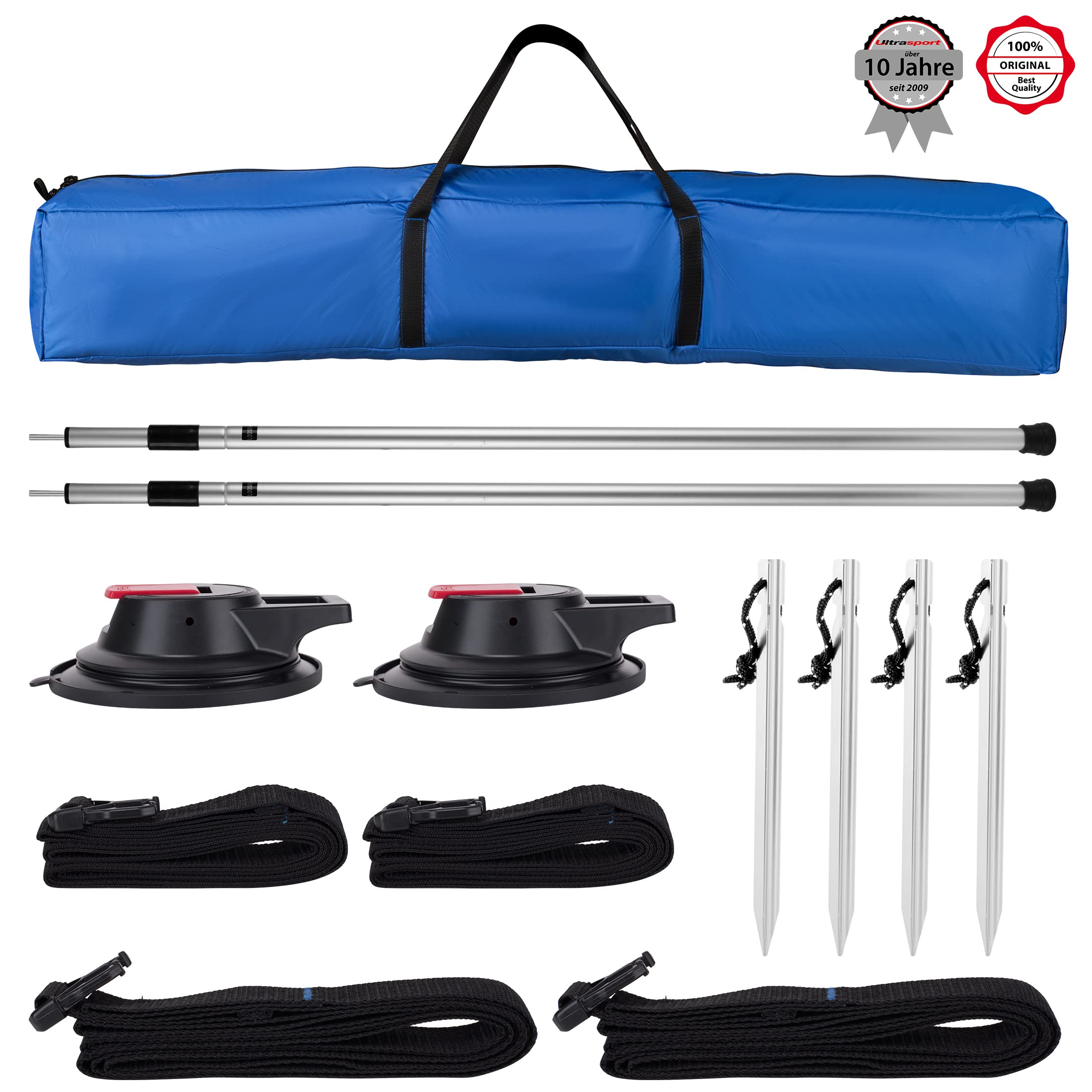 Ultrasport Auto-Vordach-Markise, geeignet für PKW, Vans und Campingbusse, Schützt vor Sonne und Regen, Langlebiges und Robustes Material, Integrierte Saugnäpfe sowie Heringe, Stangen und Bänder, Blau