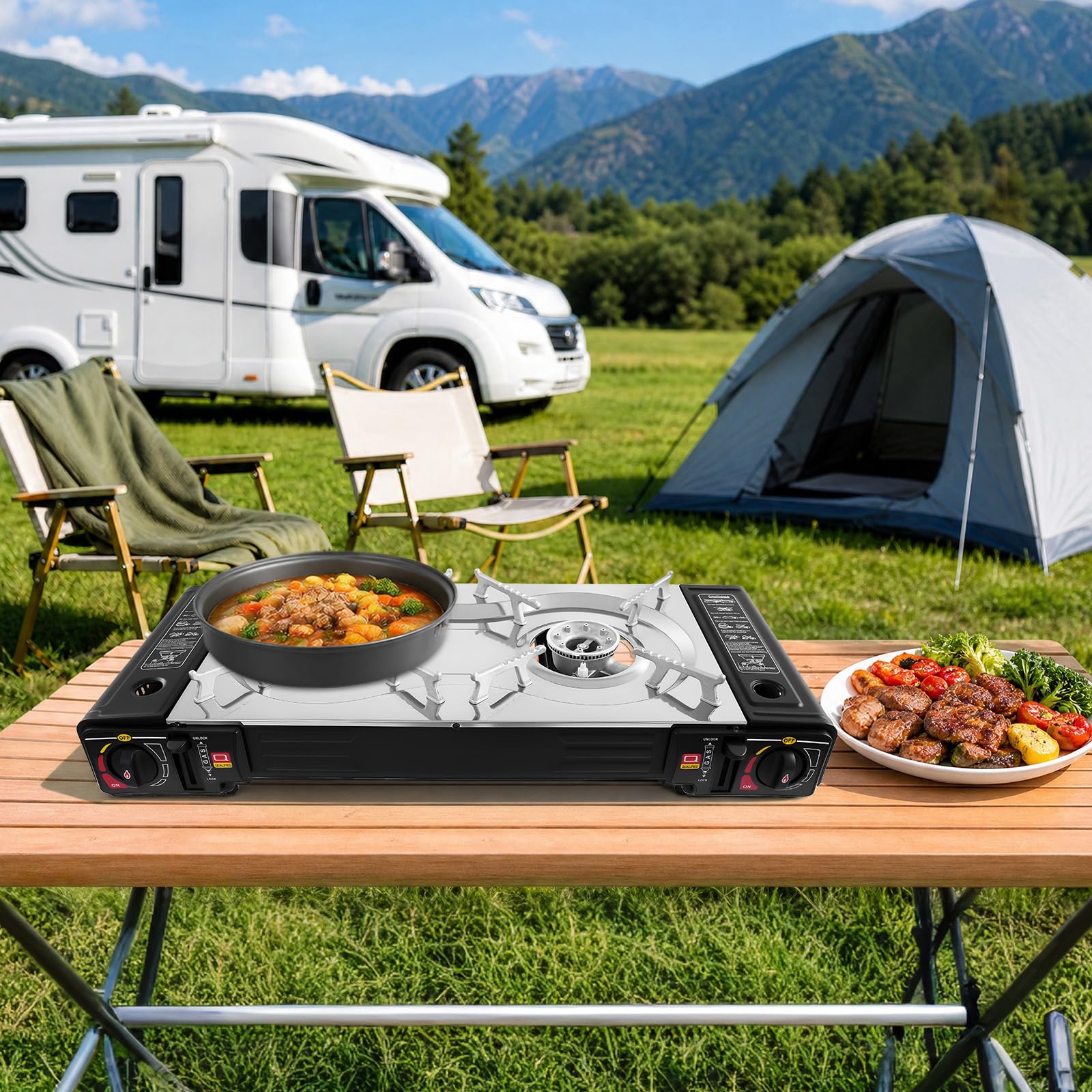 Réchaud de camping à gaz 2 flammes, barbecue de table avec moule à pâtisserie | Réchaud à gaz double réchaud de camping pour butane ou gaz 63 x 26 x 8 cm