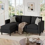 Small Sectional Couch Sofas, 3 Seat L Shape Sofa with Ottoman, Fabric Upholstered Convertible Sofa Couches, Small Couch for Apartments, Living Room and Office (Black)