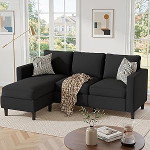 Small Sectional Couch Sofas, 3 Seat L Shape Sofa with Ottoman, Fabric Upholstered Convertible Sofa Couches, Small Couch for Apartments, Living Room and Office (Black)