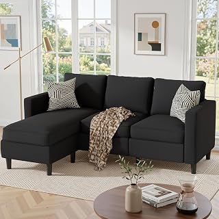 Small Sectional Couch Sofas, 3 Seat L Shape Sofa with Ottoman, Fabric Upholstered Convertible Sofa Couches, Small Couch for Apartments, Living Room and Office (Black)