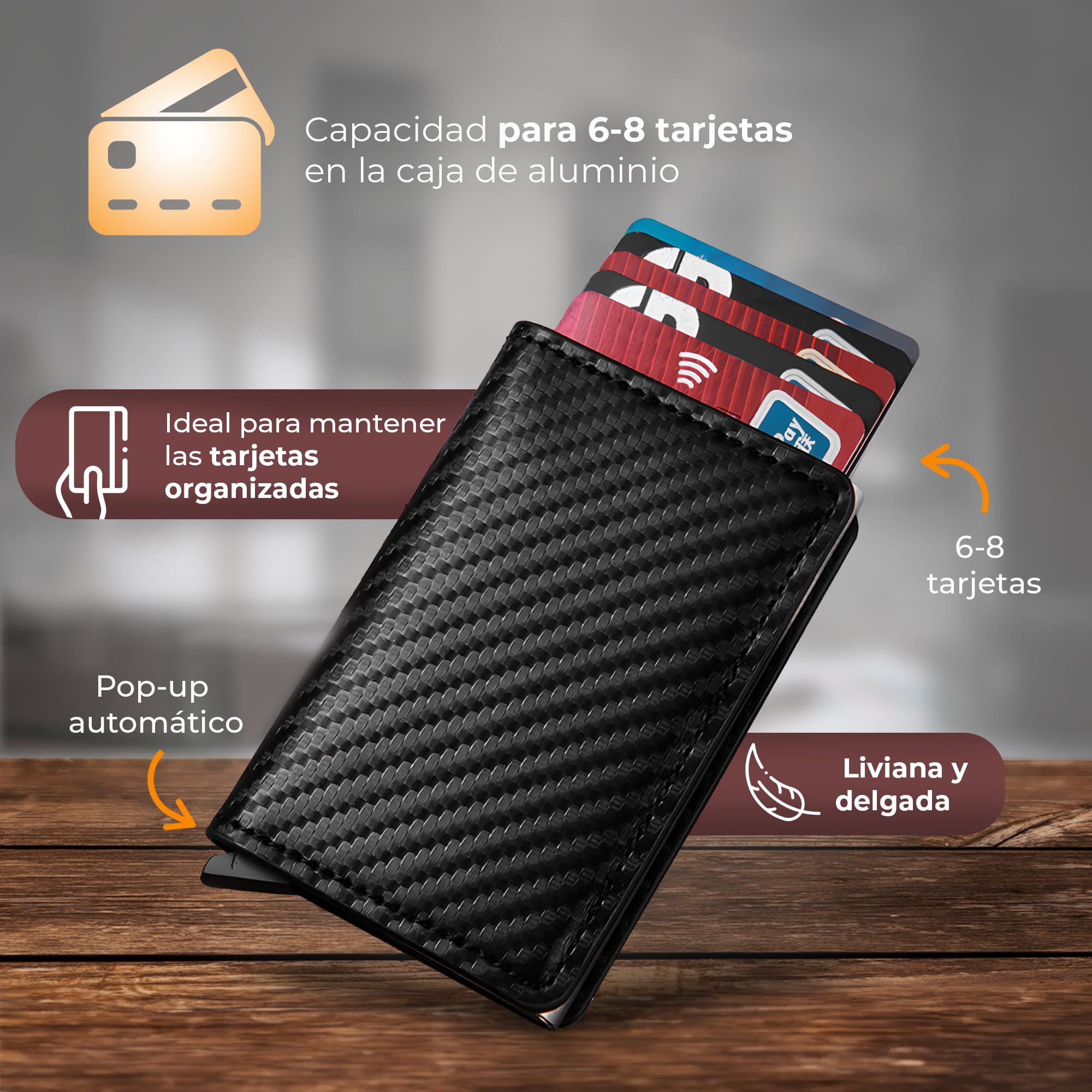 Cartera Hombre Pequeña con Tarjetero Automático Interior Aluminio Protección RFID Capacidad 6 Tarjetas Billetes Documentación Cuero Diseño Compacto Antirrobo