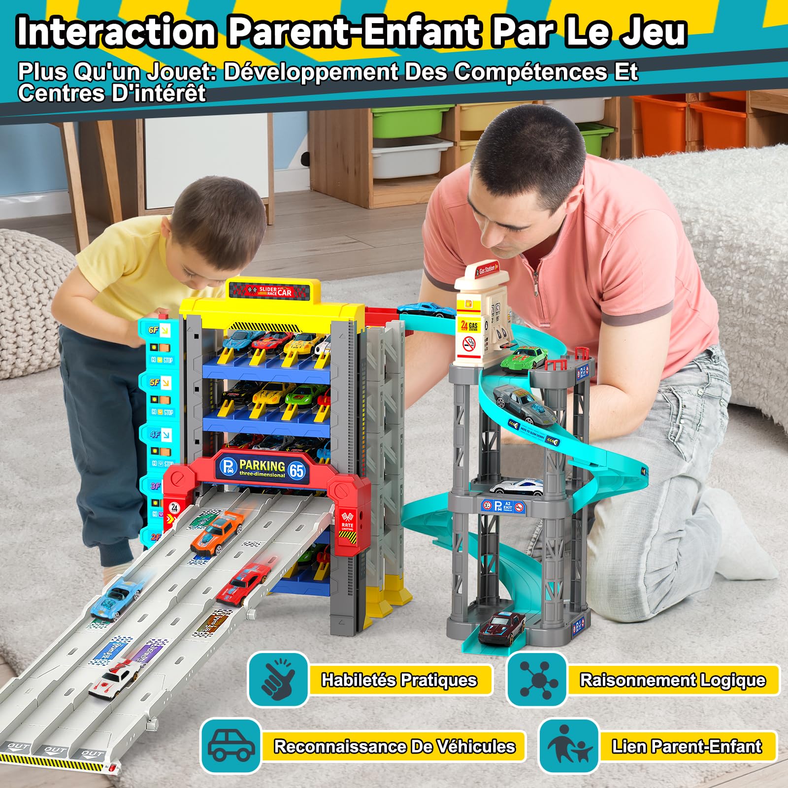 JONRRYIN Circuit Voiture Enfants, Piste de Course avec 5 Etages Garage, Jouet Circuit en Spirale pour Enfants 3+ Ans, 12 Voiture en Elliage et 2 Hélicoptère, Station-Service avec Pompes à Essence