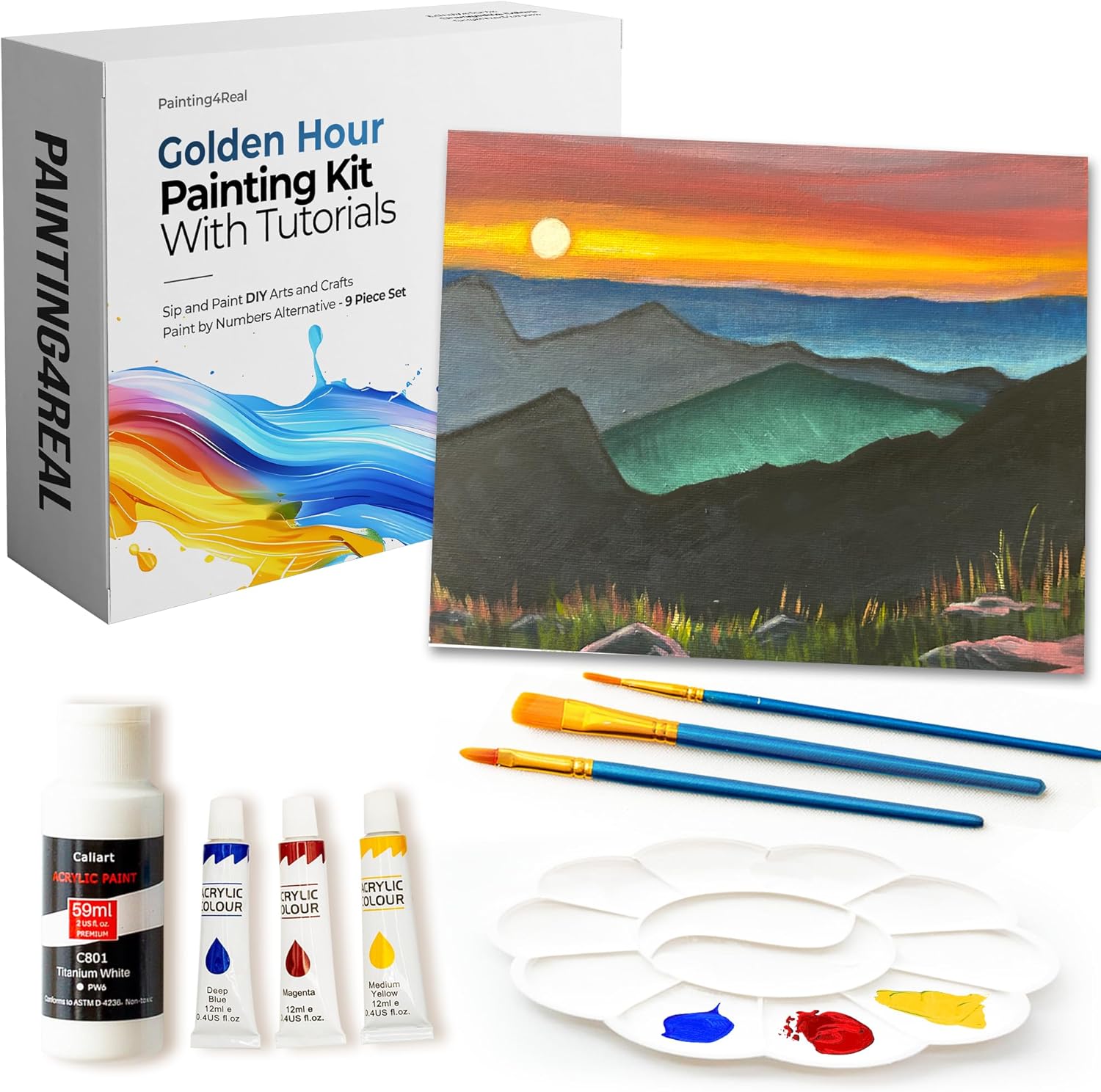 Painting4Real DIY Art Painting Kit for Adults – Learn to Paint Golden Hour with Video Tutorials – 9 Pieces Acrylic Paint Set for Adults –Perfect Christmas Crafts & Holiday Gifts for Art Lovers
