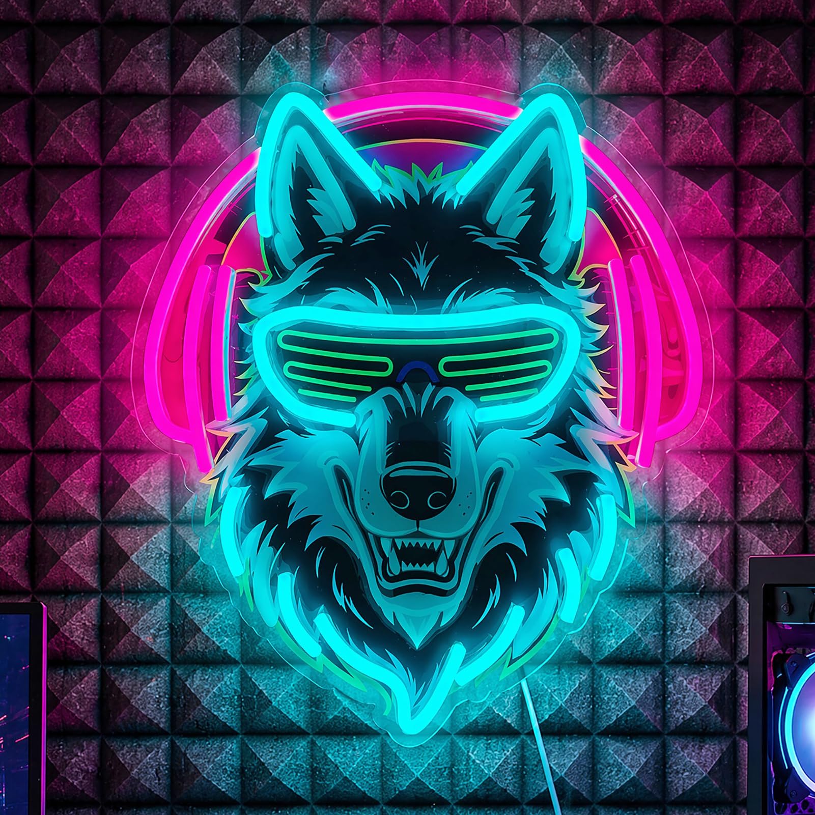 Wolf Neonschild, 36,6 x 32 cm, dimmbar, LED-Wolf-Neonlicht mit Kopfhörern und Sonnenbrille, USB-betriebenes Gaming-Neon-Wanddekor mit 10 Helligkeitsstufen, rosa & eisblau, Neonschild für Spielzimmer