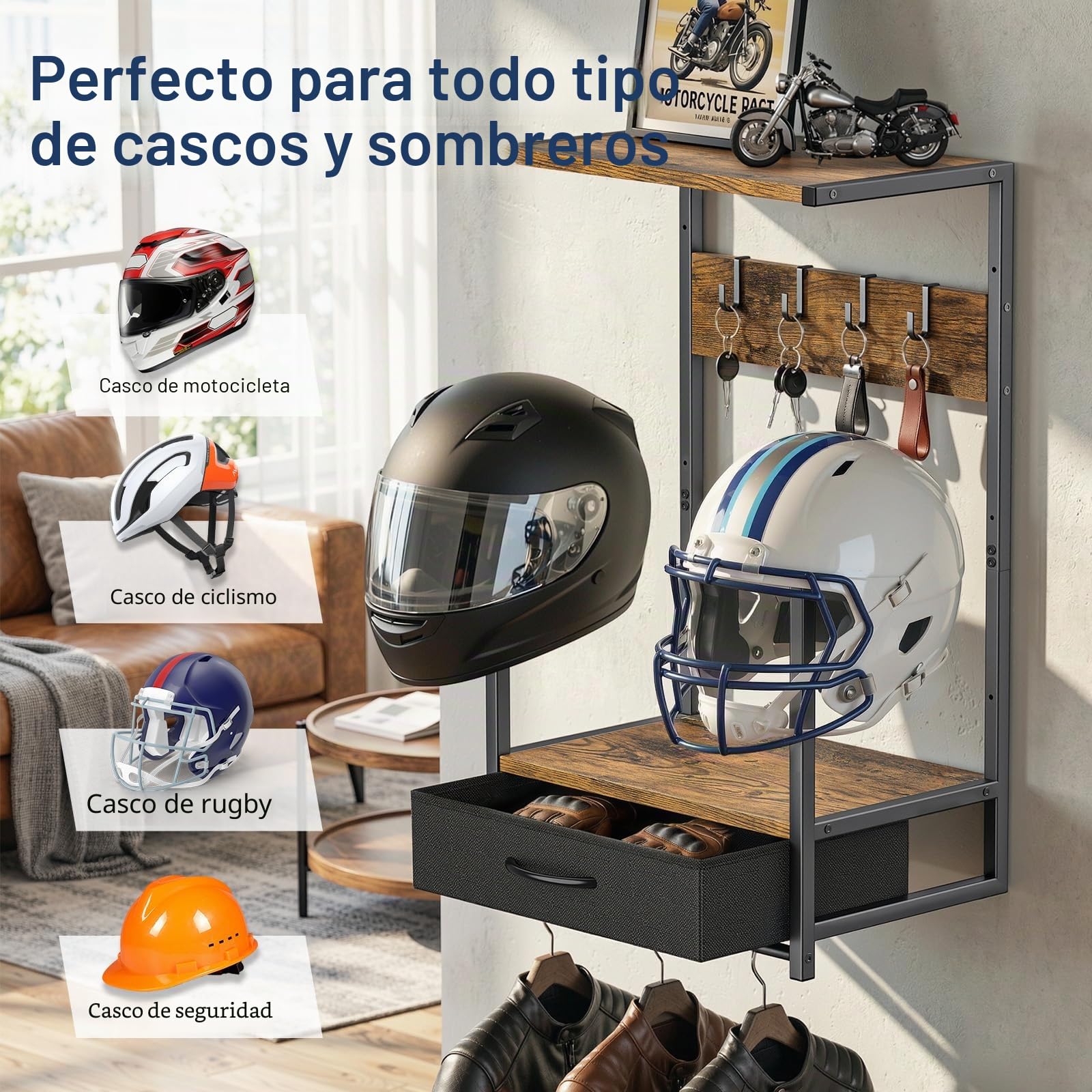Housolution Soporte de Pared para Casco de Moto con Cajón de Tela | Portacasco con 4 Espacios para Guantes y 4 Ganchos para Trajes & Accesorios – Stand para Motos, Baseballs y Cascos de Rugby
