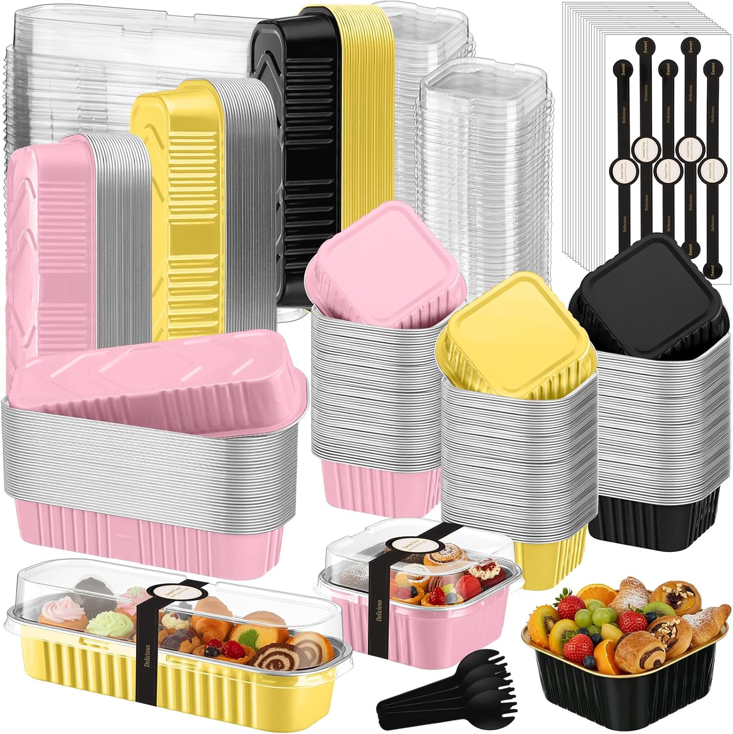 LemonRoad 120 Sets Mini Loaf Pans with Lid and Spoons 6.8oz Rectangular Aluminum Foil Bread Pan and 5oz Square Baking Cup Disposable Cake Dessert Cup with Decal for Wedding Birthday (Pink,Gold,Black)