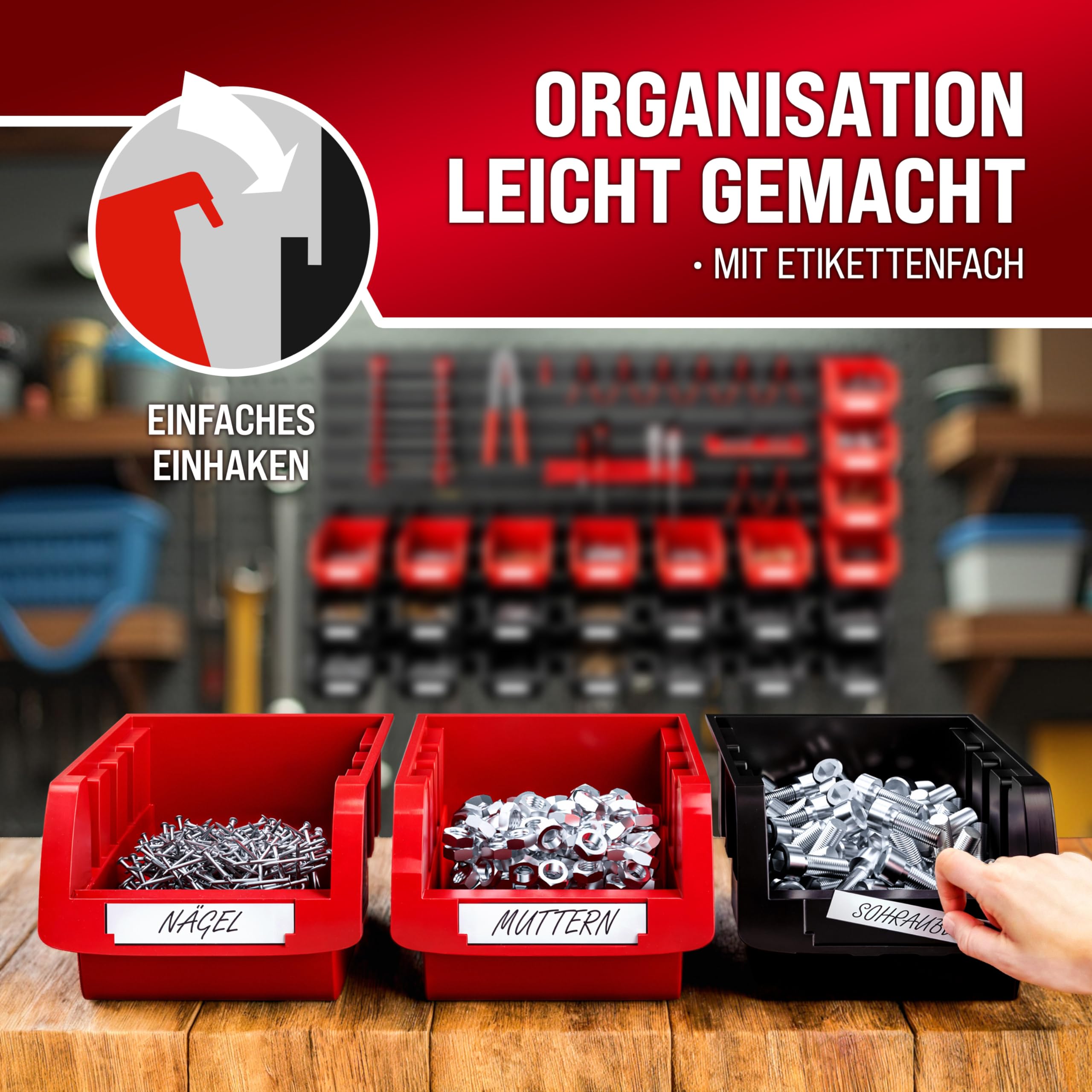 DEUBA® Wandregal mit Stapelboxen und Werkzeughalter 86 tlg Box Erweiterbar Werkstattregal Werkzeuglochwand