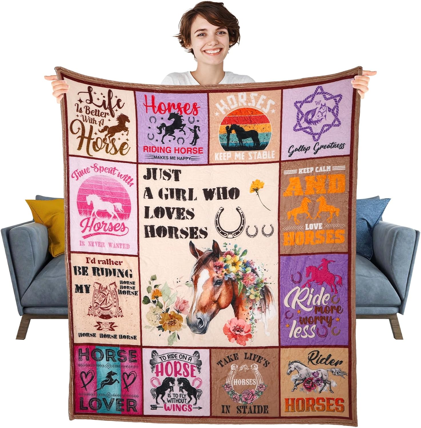 Fuzzieworld Horse Blanket for Girls Women Just A Girl Who Loves Horses Throw Blanket