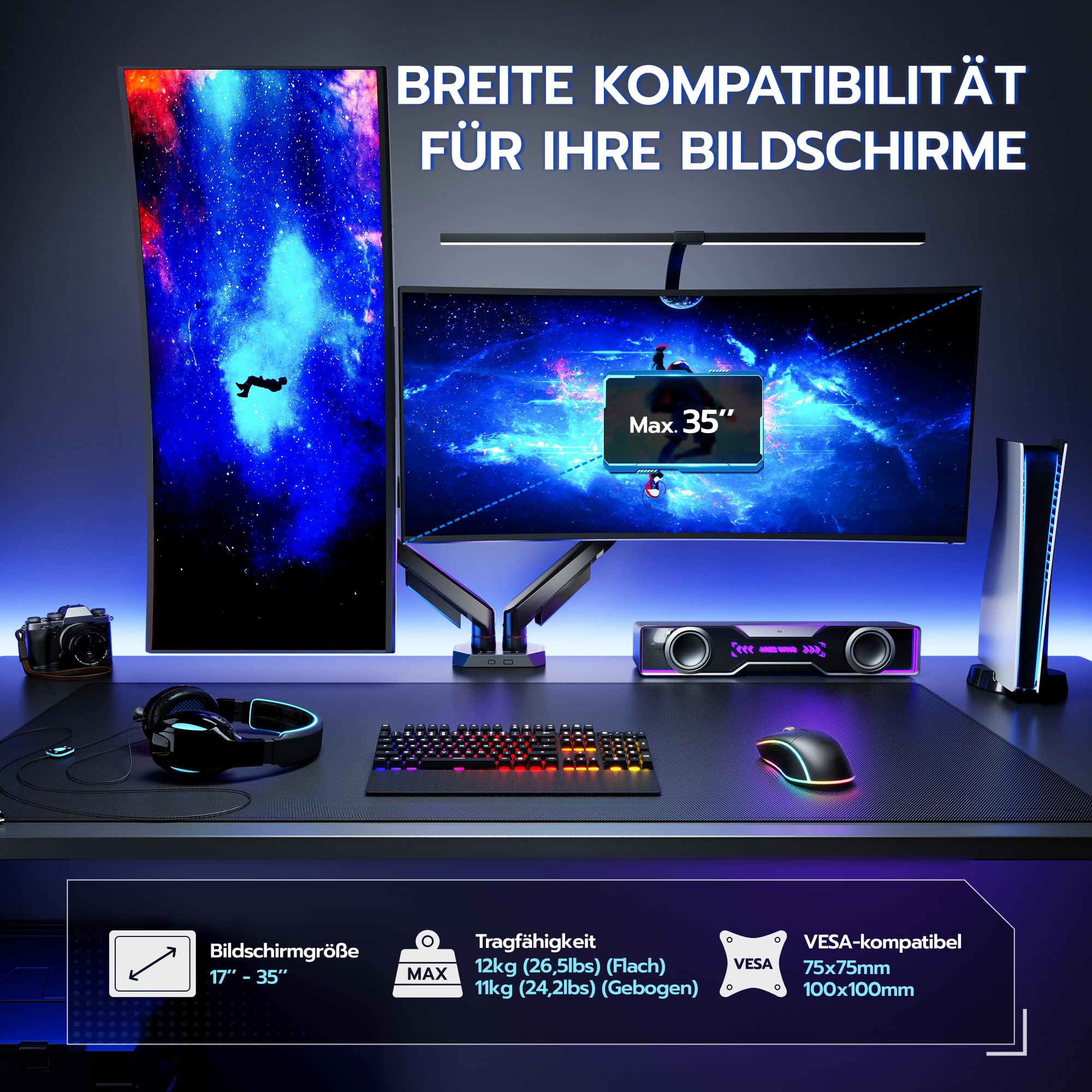 ARES WING Monitor Halterung 2 Monitore für 17–35 Zoll, 12 kg/Arm,Schwarz | Dual Monitorarm für Flach&Curved Bildschirm, höhenverstellbare Tischhalterung mit Kabelführung, ergonomisch,VESA 75/100 mm
