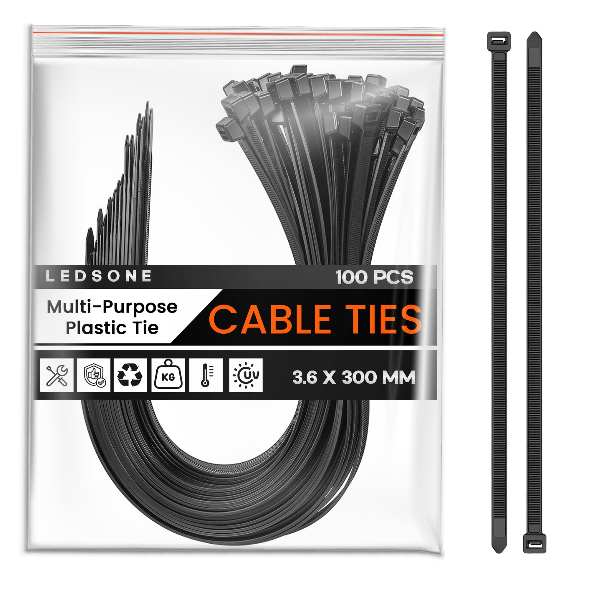 LEDSone 100 Pack Self-Locking Cable Ties, 3.6x300mm Nylon Zip Ties for Home/Office