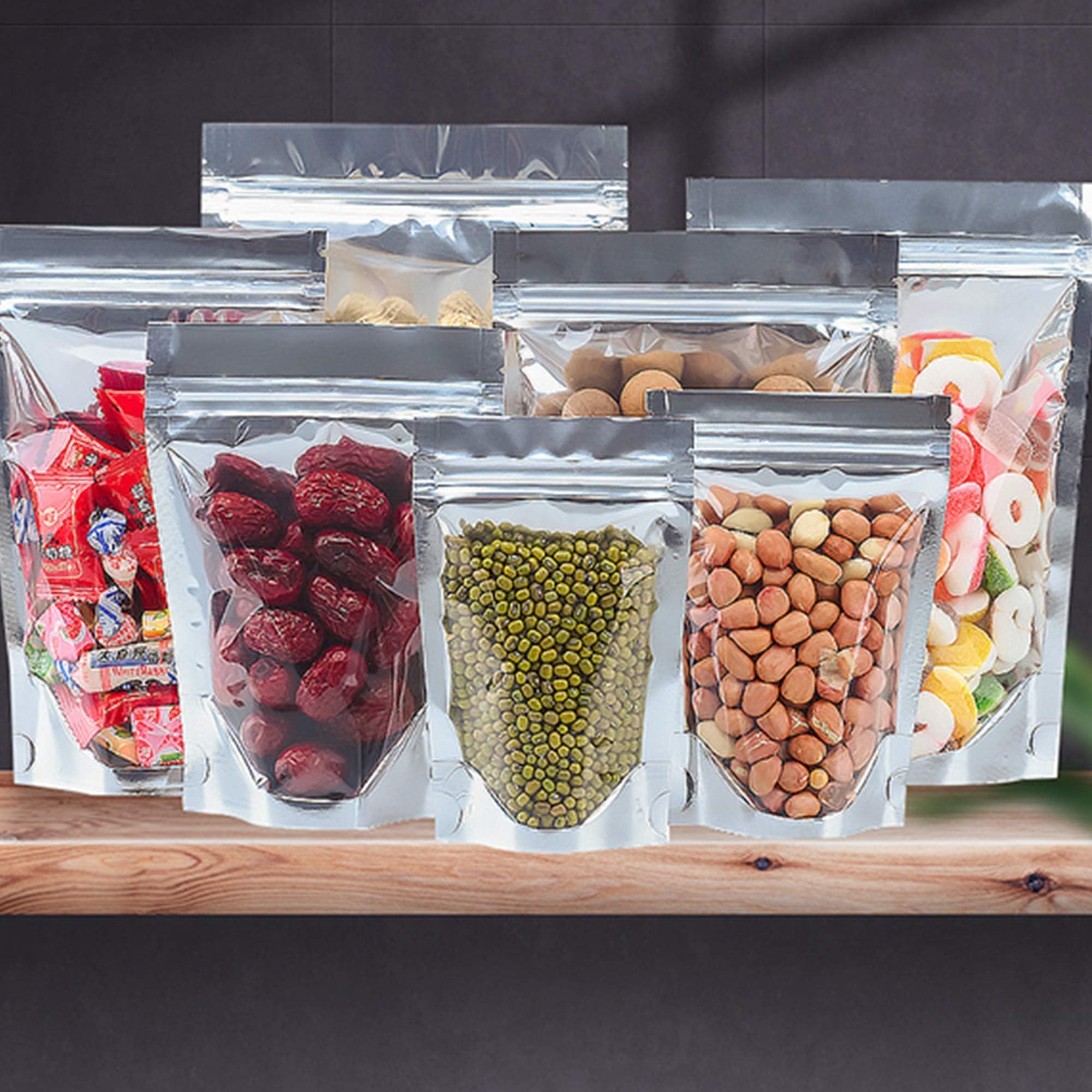 AIBAOBAO 50Pcs Resealable Small Food Ziplock MylarStorage Bags Foil Aluminium Stand Up Pouches Bags with Clear Front for Candy, Cookies, Jewelry, Herbs, Snack, Coffee Bean, Kitchen, Party (10x15cm)