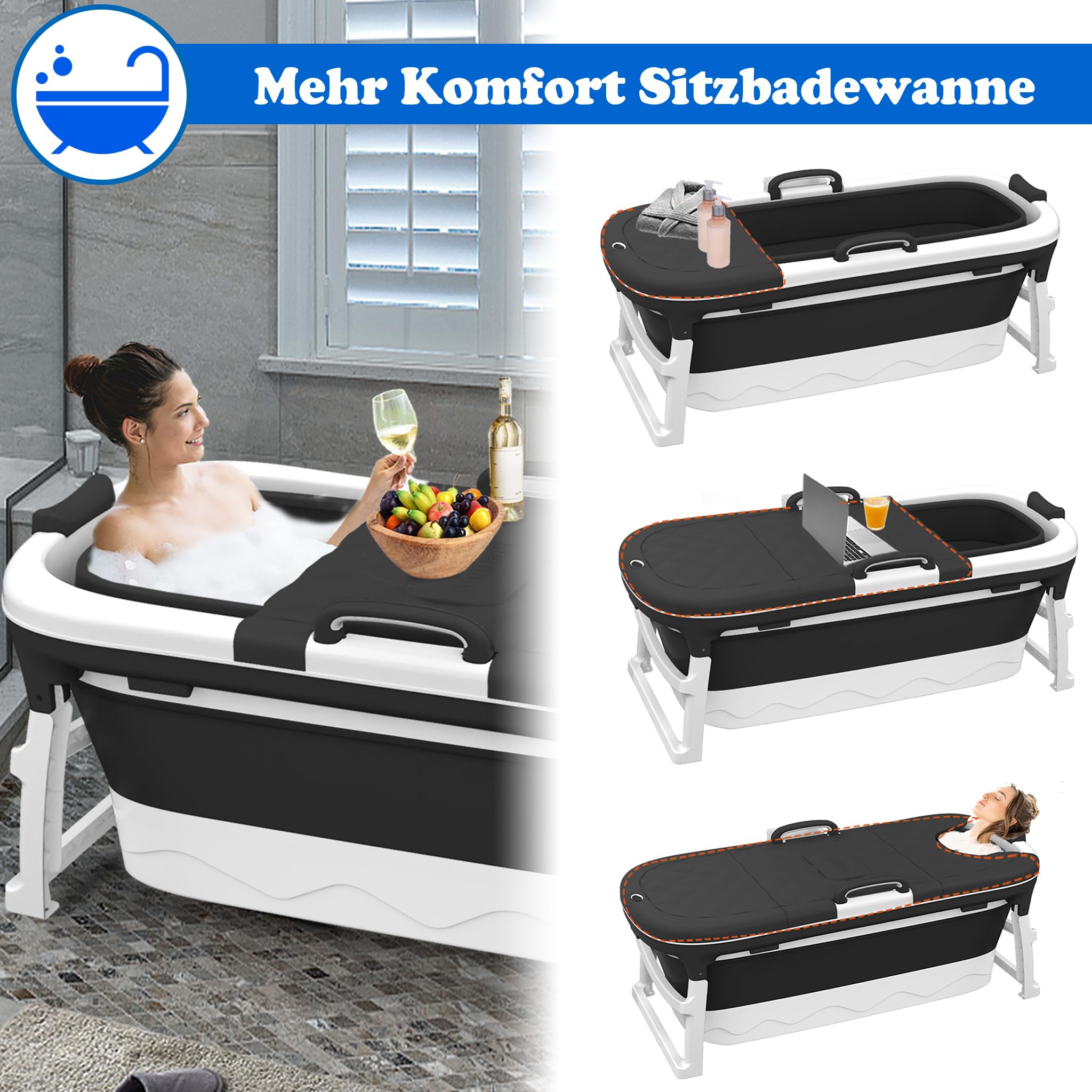 SUBTLETY Vasca da bagno pieghevole portatile per adulti, con copertura rimovibile, rullo per massaggi, cestino per sapone e manico, 138 x 62 x 52 cm, per piccoli bagni SPA (senza tappetino da bagno)