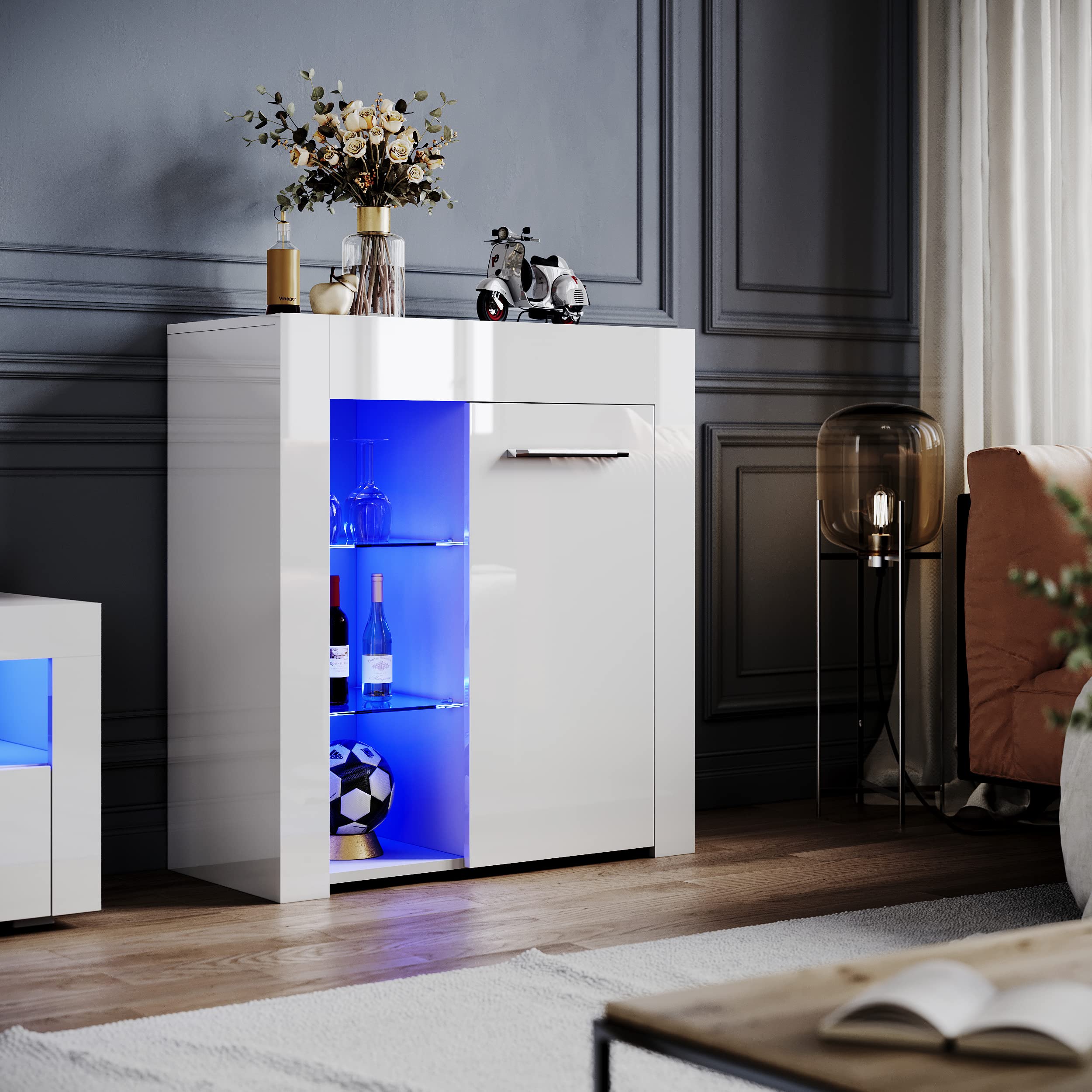 ELEGANTWhite High Gloss Sideboards with 16colors LED Light Single Door Modern Display Cabinet TV Unit Furniture for Living Room, H83xW75xD35cm, Power Adapter Included