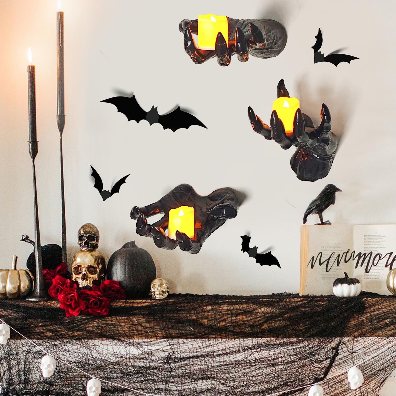Dekoracje na Halloween Gotycki wystrój wnętrz: zestaw 3 naściennych przerażających sięgających dłoni z zapalonymi świecami do gotyckich dekoracji ściennych